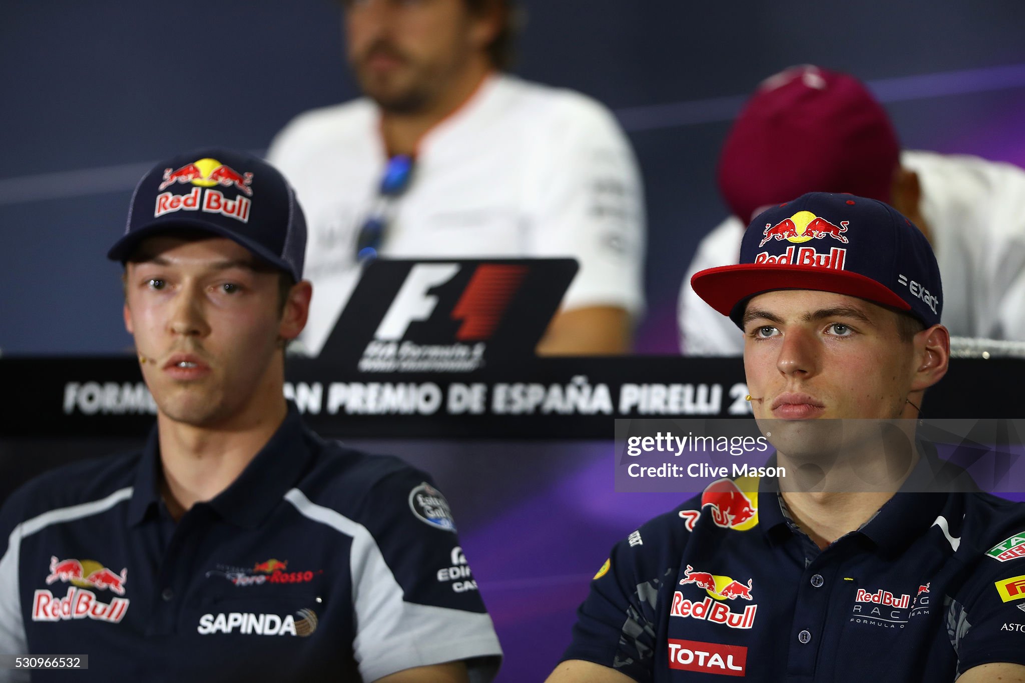 Max Verstappen of the Netherlands and Red Bull Racing and Daniil Kvyat of Russia and Scuderia Toro Rosso at the drivers press conference during previews of the Spanish Formula One Grand Prix at Circuit de Catalunya on 12 May 2016 in Montmelo, Spain. 