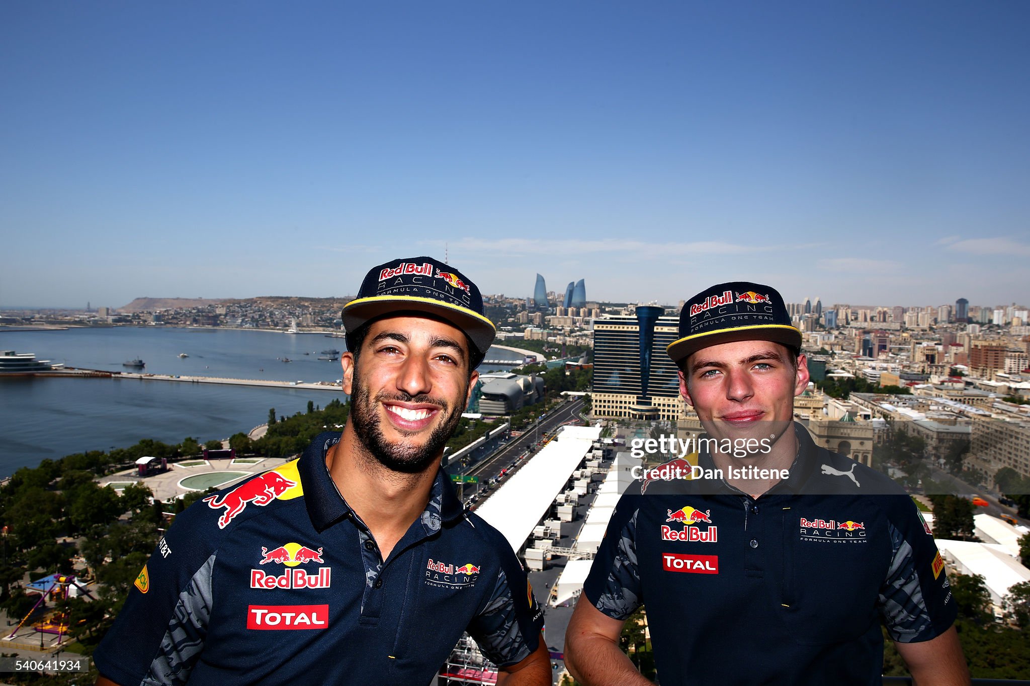 Daniel Ricciardo of Australia and Red Bull Racing and Max Verstappen of the Netherlands and Red Bull Racing during previews ahead of the European Formula One Grand Prix at Baku City Circuit on June 16, 2016. 