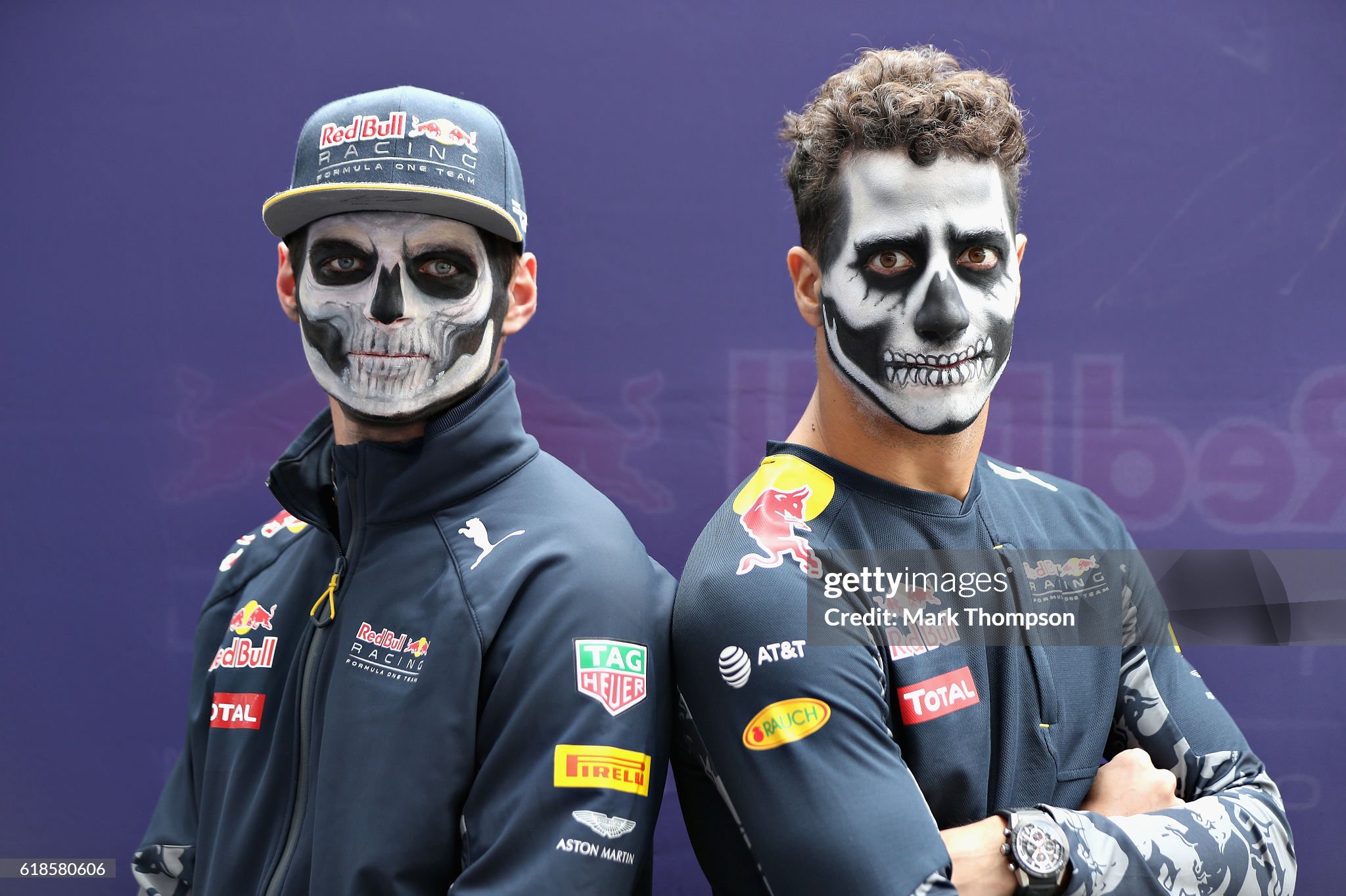 Daniel Ricciardo and Max Verstappen in full Dia de Muertos face paint during previews of the Formula One Grand Prix of Mexico at Autodromo Hermanos Rodriguez on October 27, 2016. 