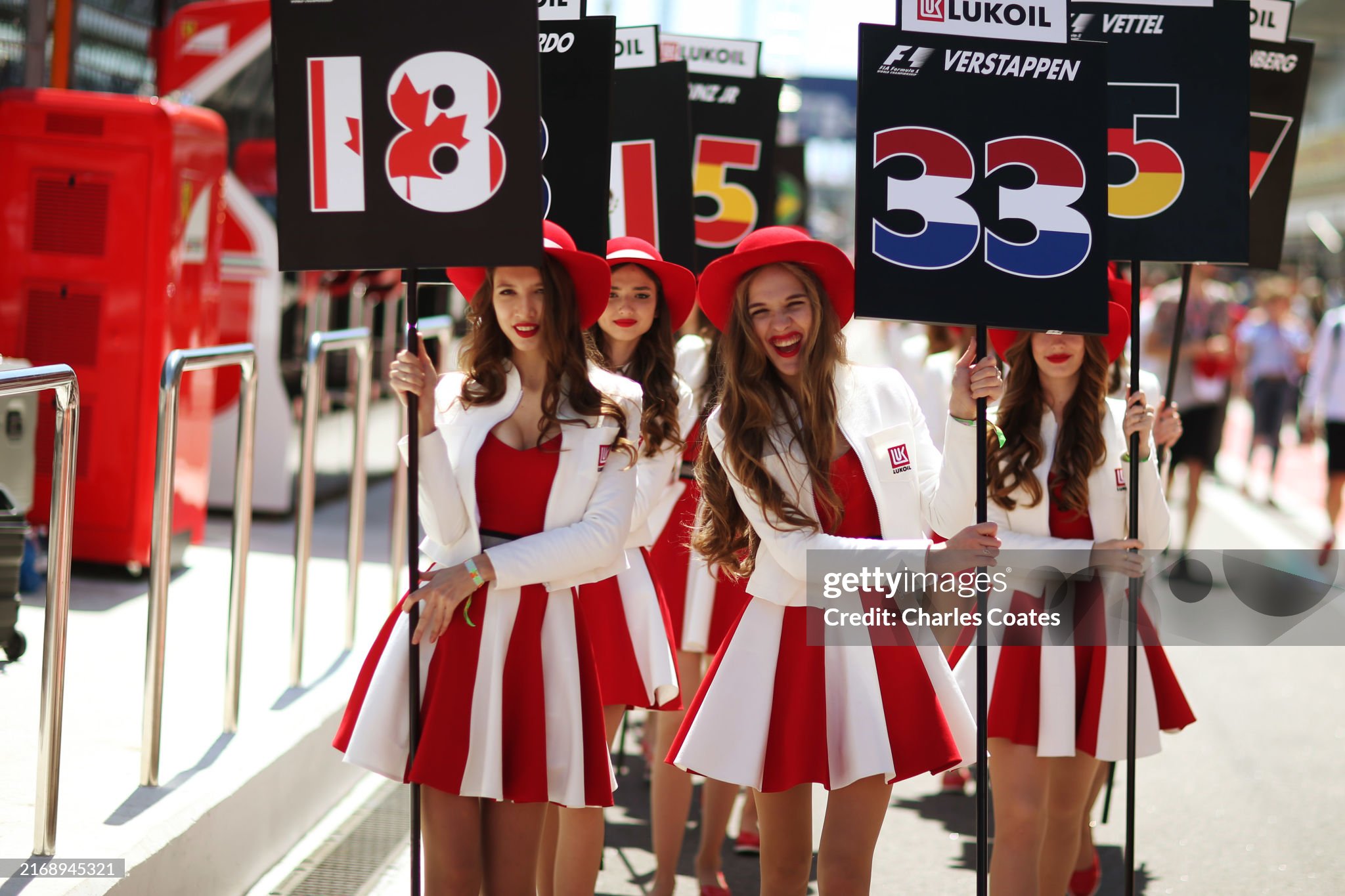 Grid girls for Lance Stroll and Max Verstappen at Sochi Autodrom, Sochi, Russia, on Sunday 30 April 2017. 