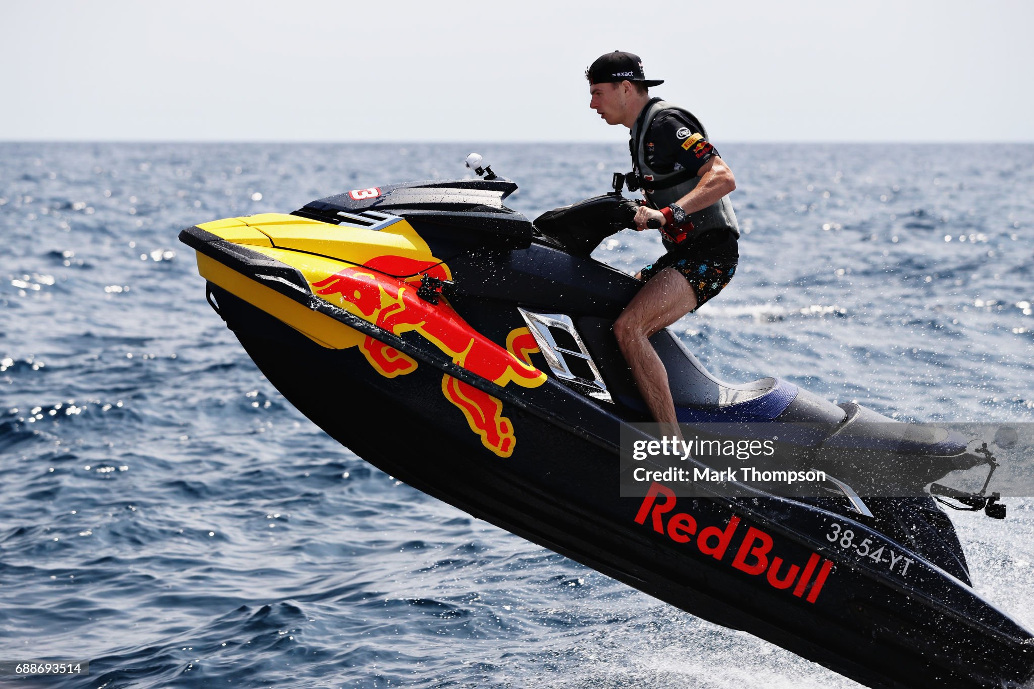 Max Verstappen rides a jet ski in Monaco harbour during previews of the Monaco Formula One Grand Prix at Circuit de Monaco on 26 May 2017 in Monte-Carlo, Monaco.