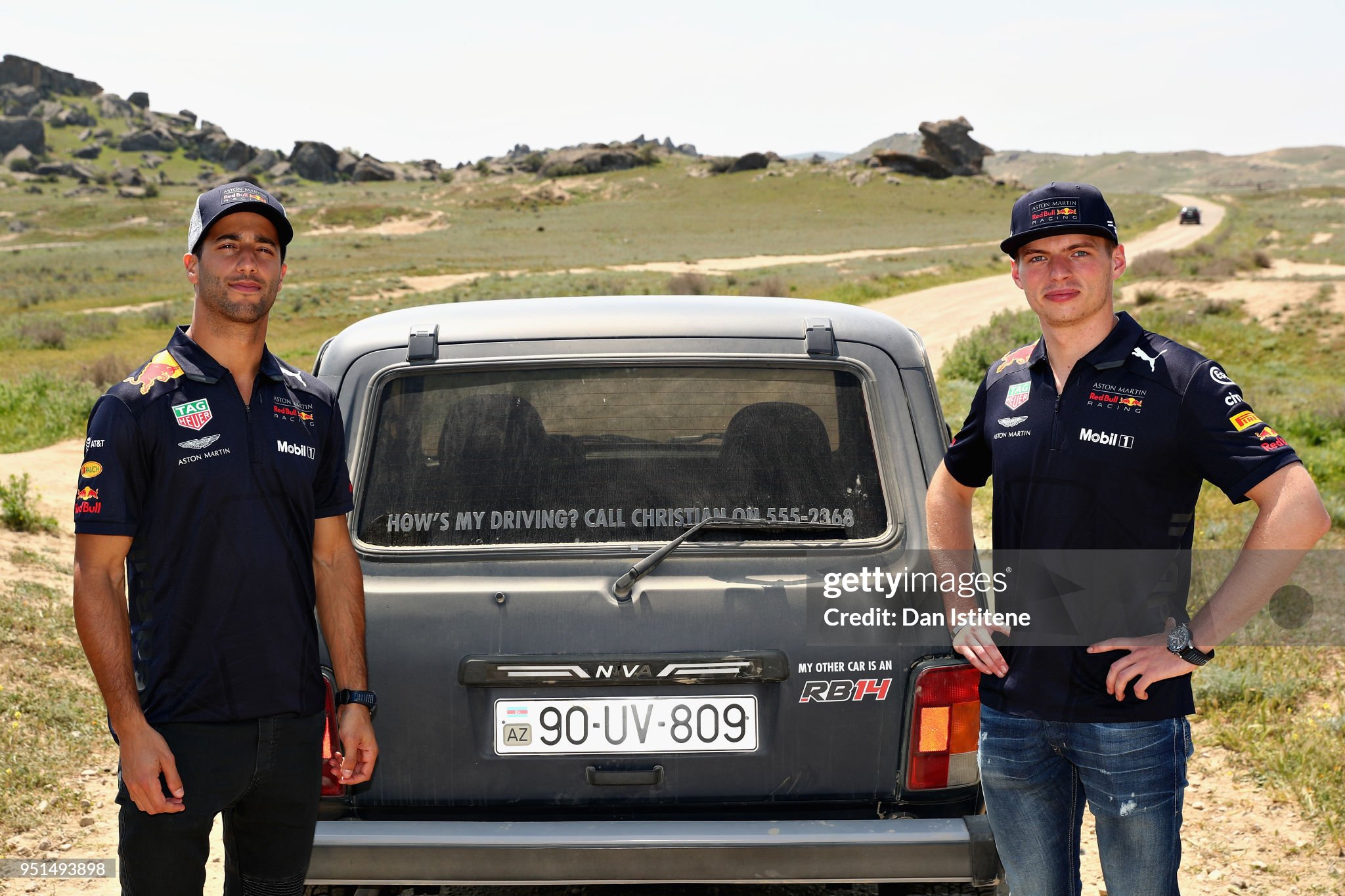 Daniel Ricciardo and Max Verstappen drive a Lada Niva in Gobustan Land of the Bulls during previews ahead of the Azerbaijan F1 Grand Prix at Baku City Circuit on April 26, 2018. 