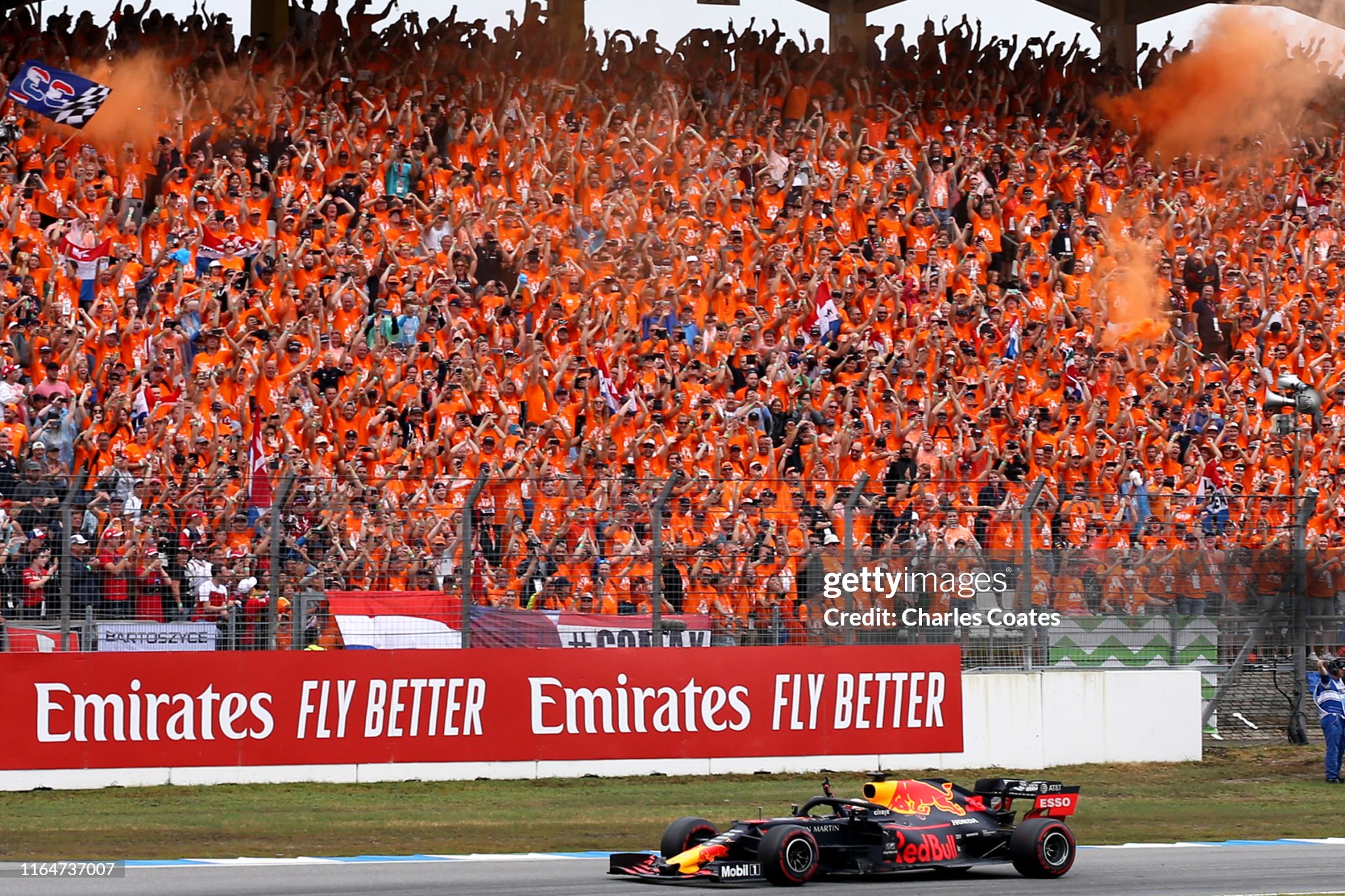 Race winner Max Verstappen driving the Red Bull RB15 celebrates with his fans during the F1 Grand Prix of Germany at Hockenheimring on July 28, 2019. 