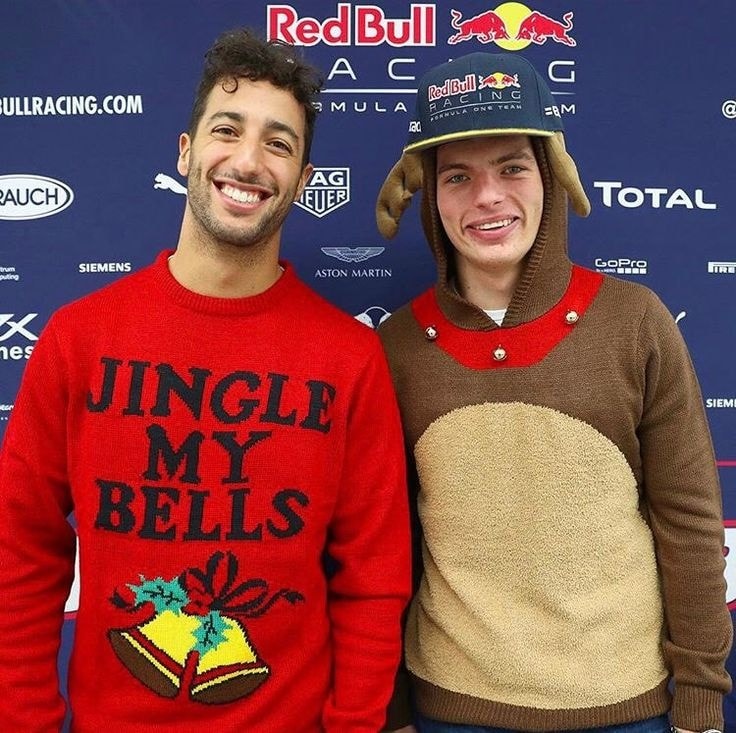 Daniel Ricciardo and Max Verstappen get festive at the Red Bull factory at Christmas in 2019.