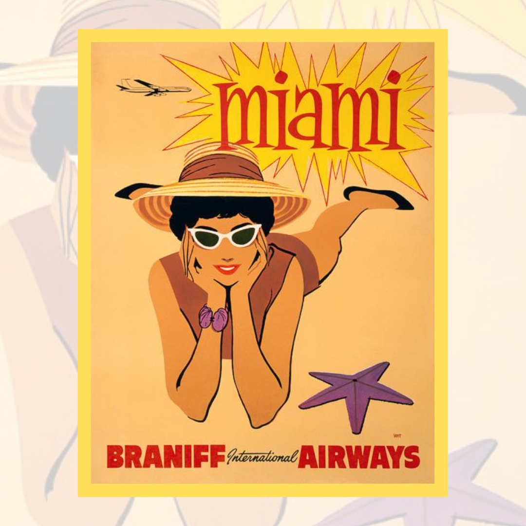 This Miami vintage travel poster was in circulation circa 1960. Miami, Braniff International Airways.