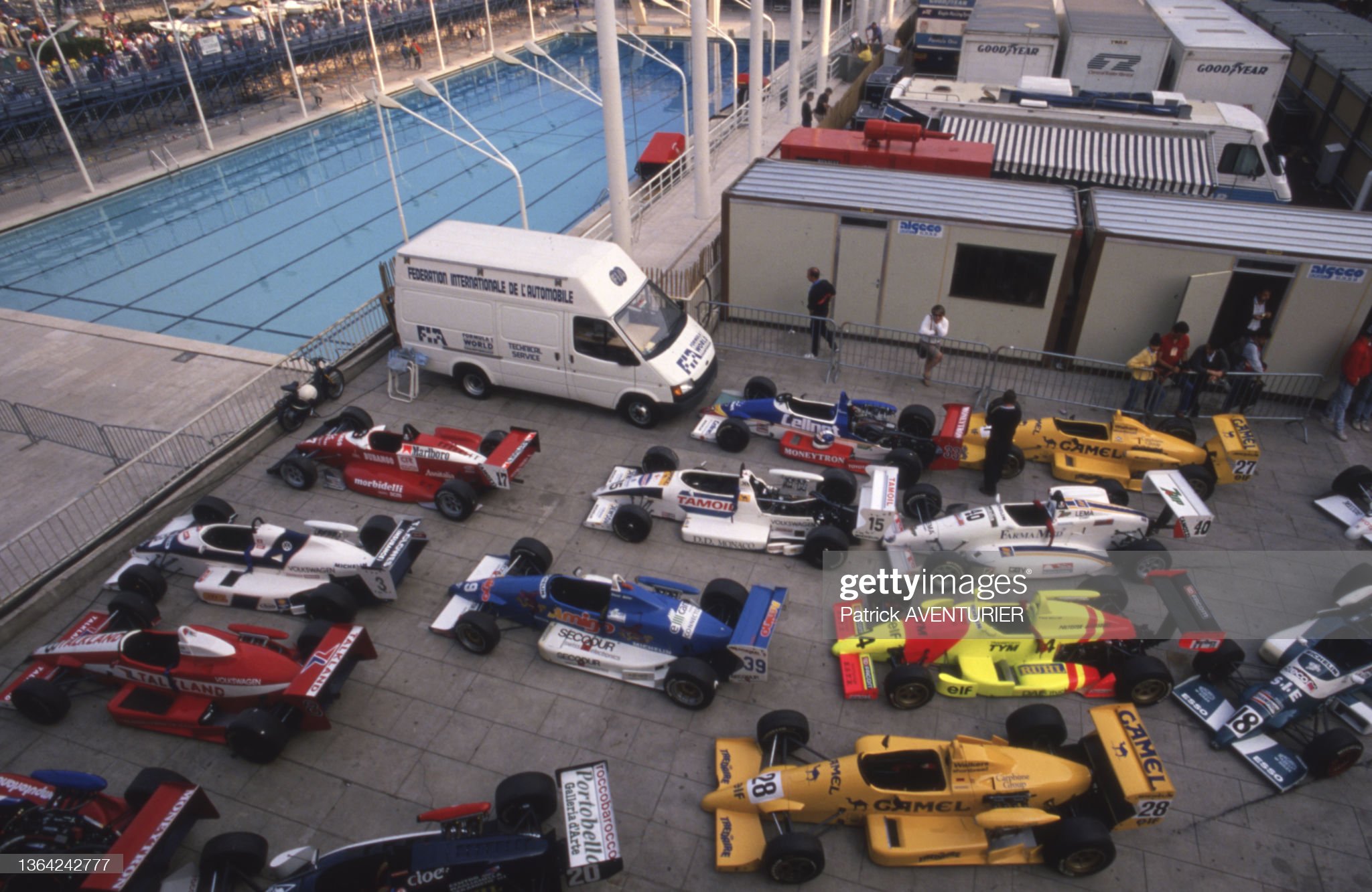 Cars parked near the Rainier III nautical center during the Monaco Grand Prix in 1989.