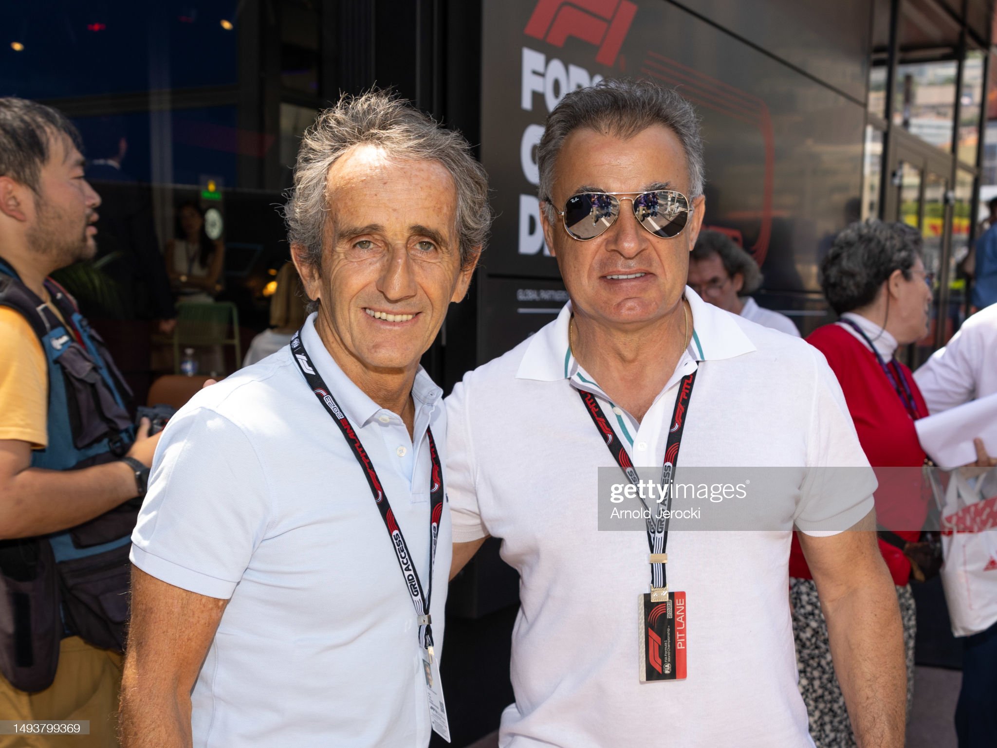 Alain Prost and Jean Alesi attend the qualifying at Circuit de Monaco on May 27, 2023 in Monte-Carlo, Monaco. 