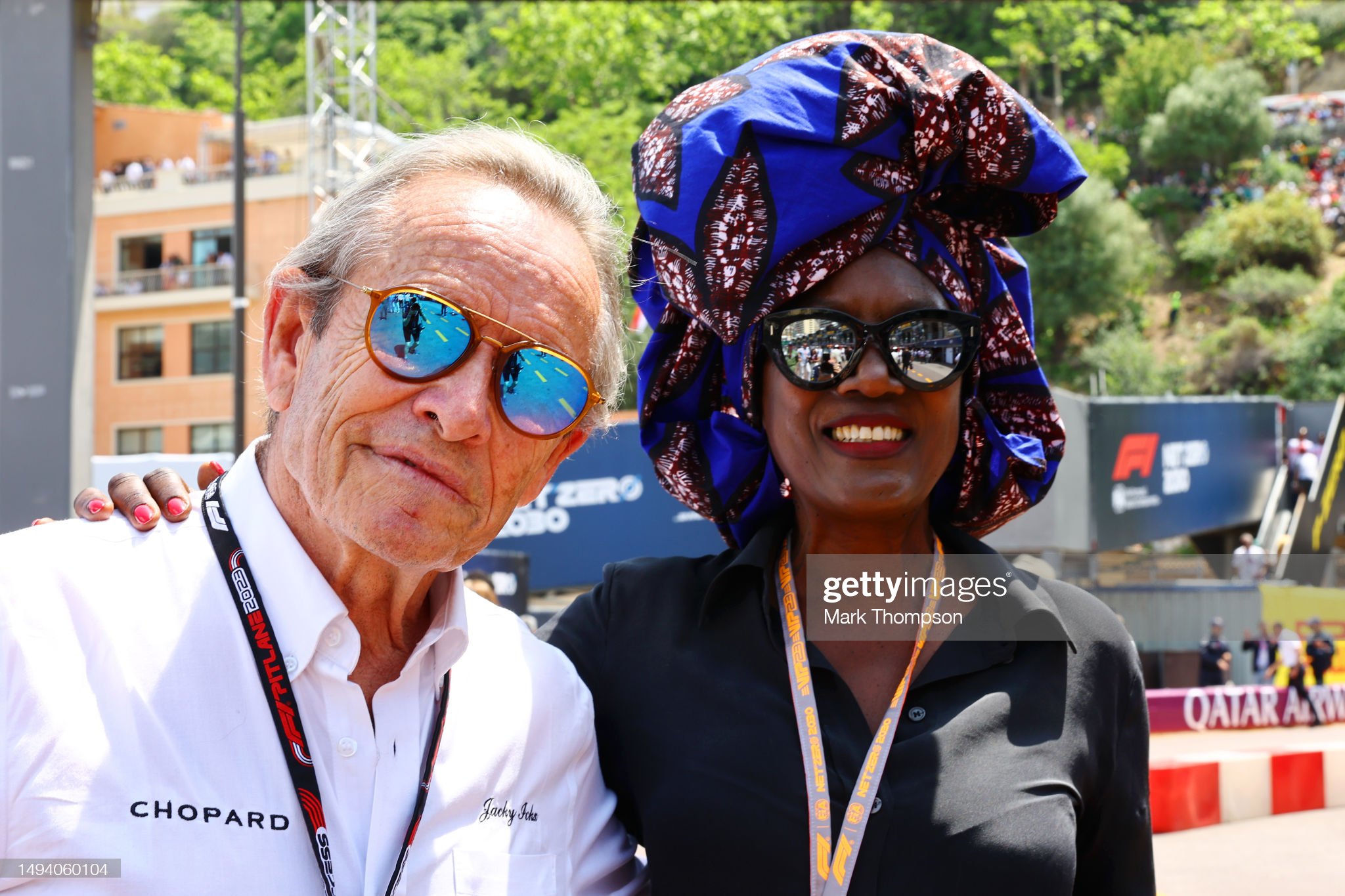 Jacky Ickx and Khadja Nin pose for a photo on the grid during the F1 Grand Prix of Monaco at Circuit de Monaco on May 28, 2023 in Monte-Carlo, Monaco. 