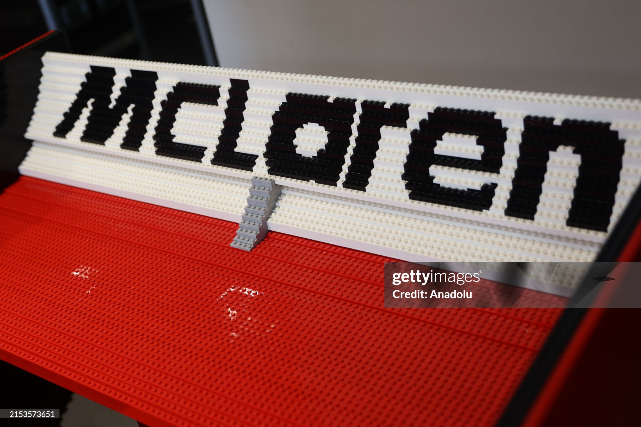 McLaren car replica made of Lego is seen during the McLaren car special livery presentation ahead of the F1 Monaco Grand Prix in Monaco on May 22, 2024. Livery of the car is dedicated to late Formula 1 triple World Champion Ayrton Senna and is prepared in the support of Senna Foundation and OKX company. 