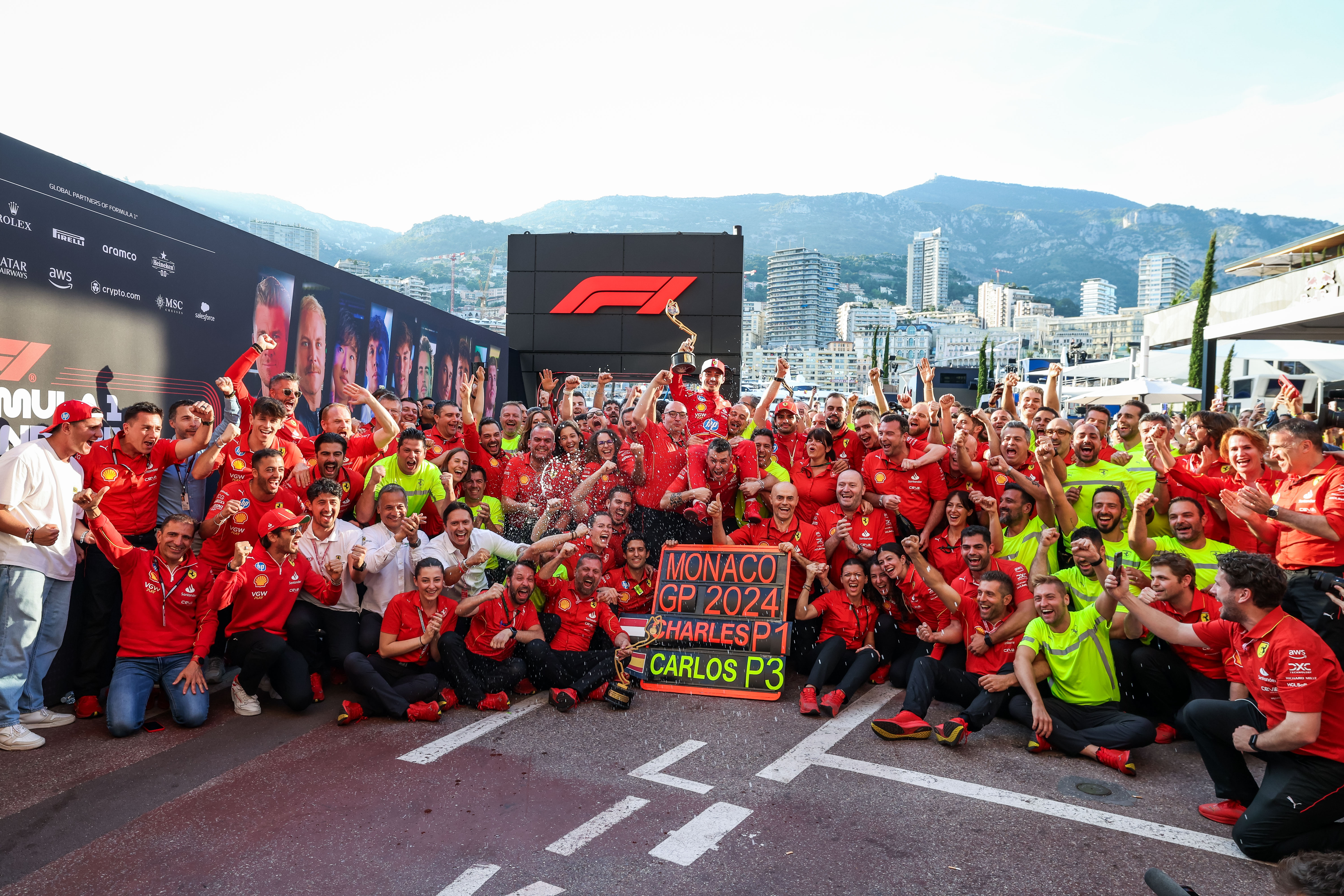 Group photo of the Ferrari team after the end of the 2024 Monaco Grand Prix. 