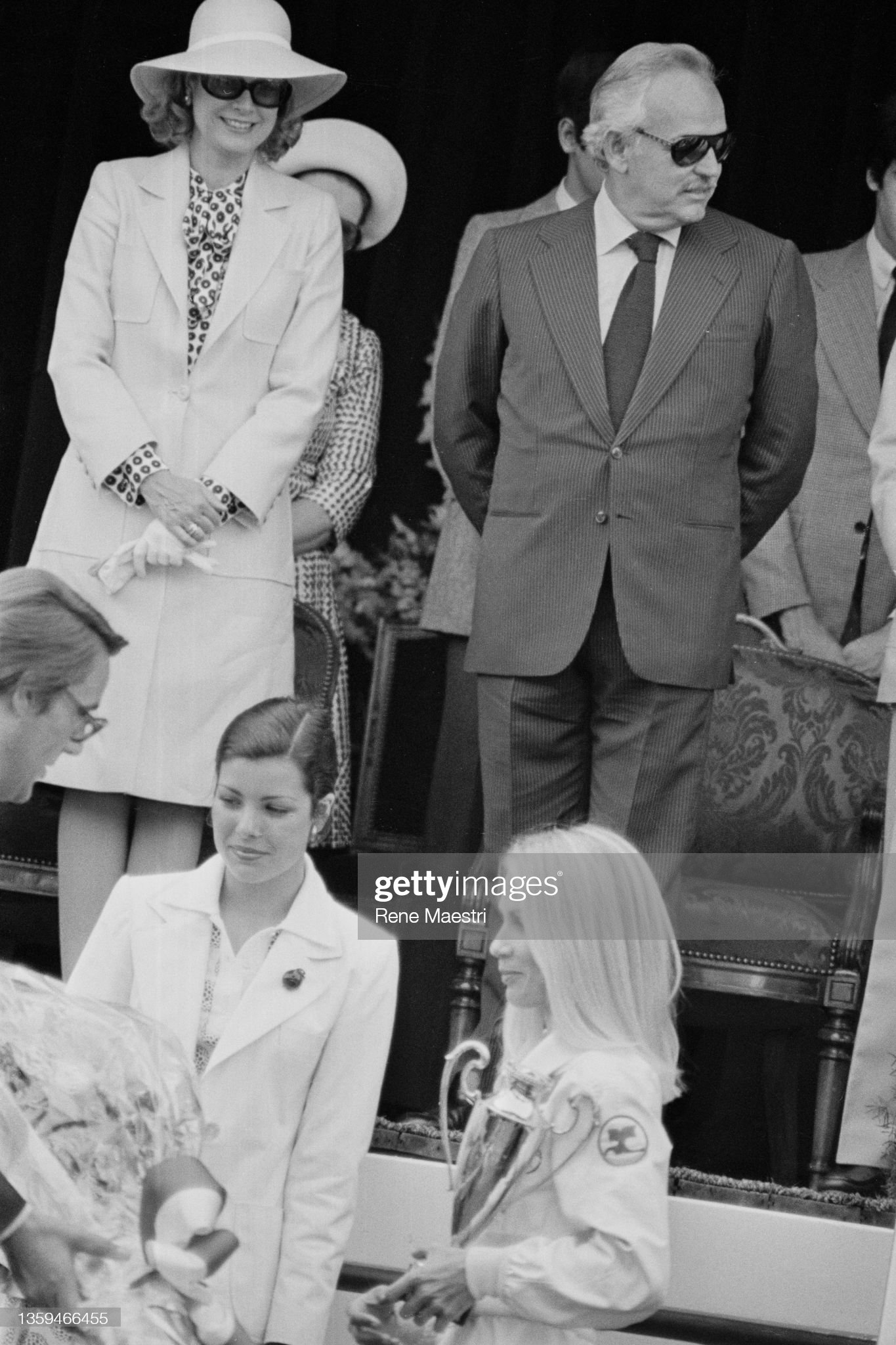 May 26, 1974. Princess Grace of Monaco and Prince Rainier at the Monte-Carlo Grand Prix with Princess Caroline and Marie Claude Beaumont. 