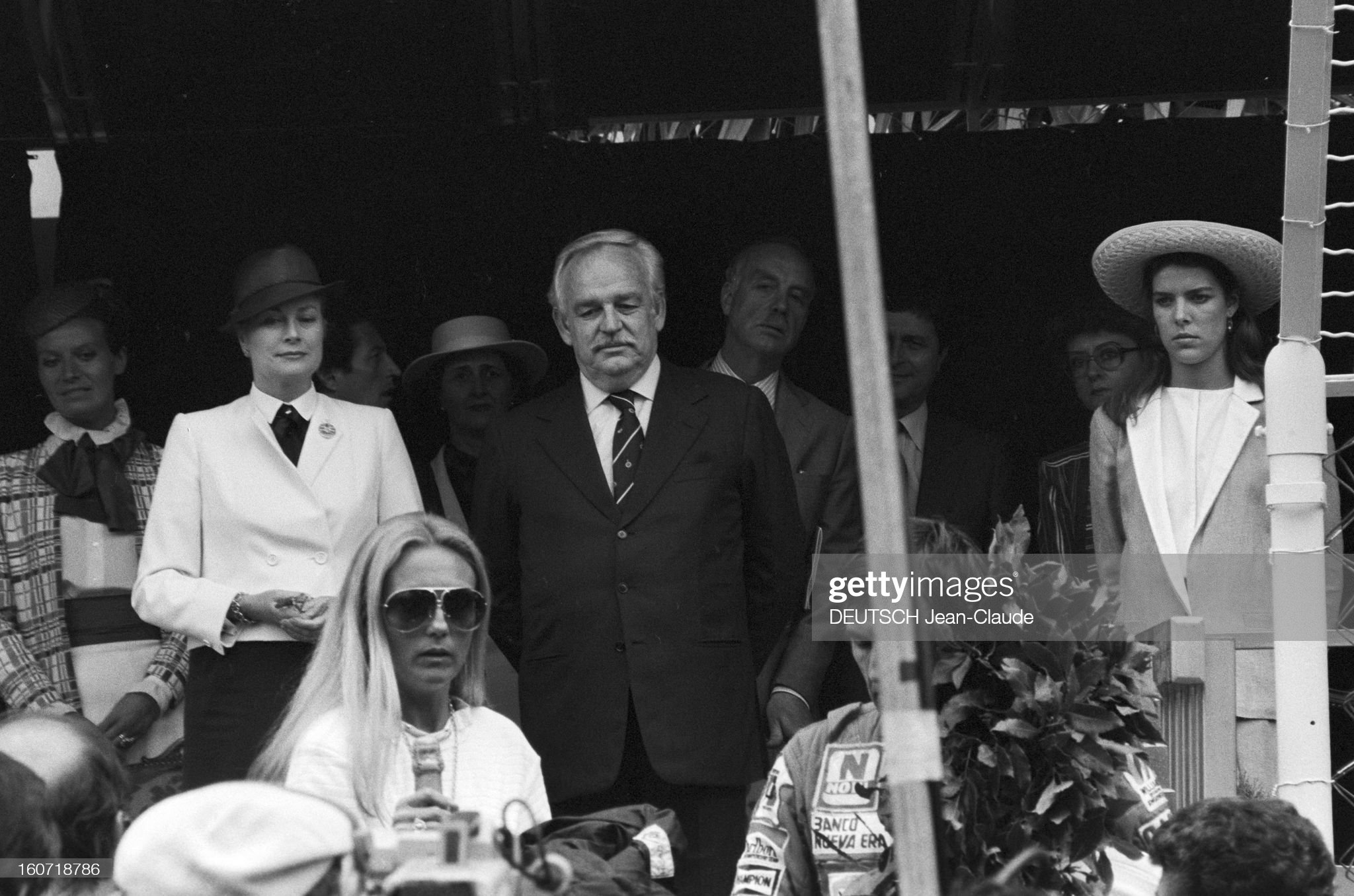 On May 18, 1980, at the Monaco Formula 1 Grand Prix, Grace of Monaco, Prince Rainier III of Monaco and their daughter Caroline, during the awarding of the trophy to the winner Carlos Reutemann.