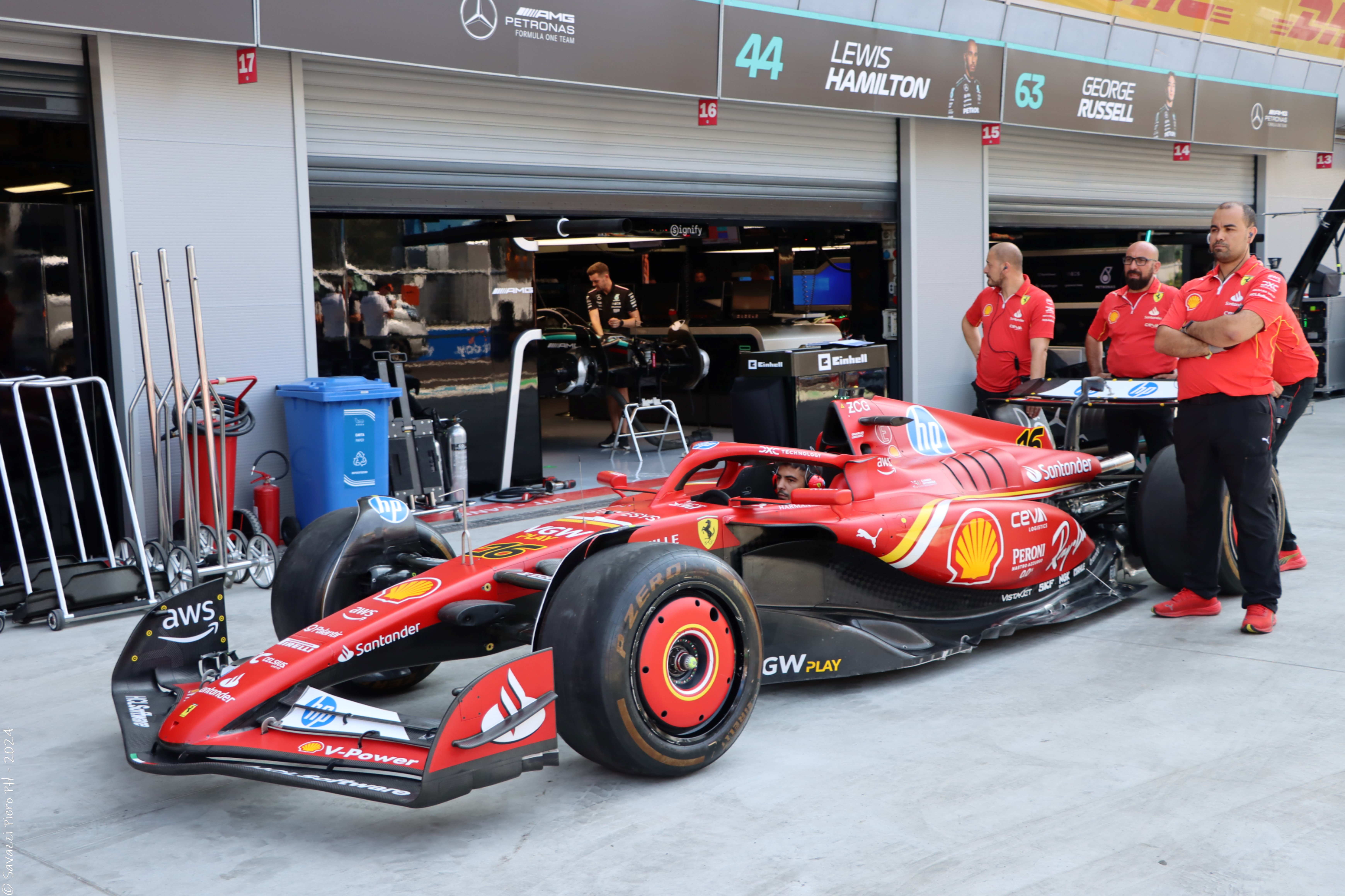 Charles Leclerc’s Ferrari in the pits. 