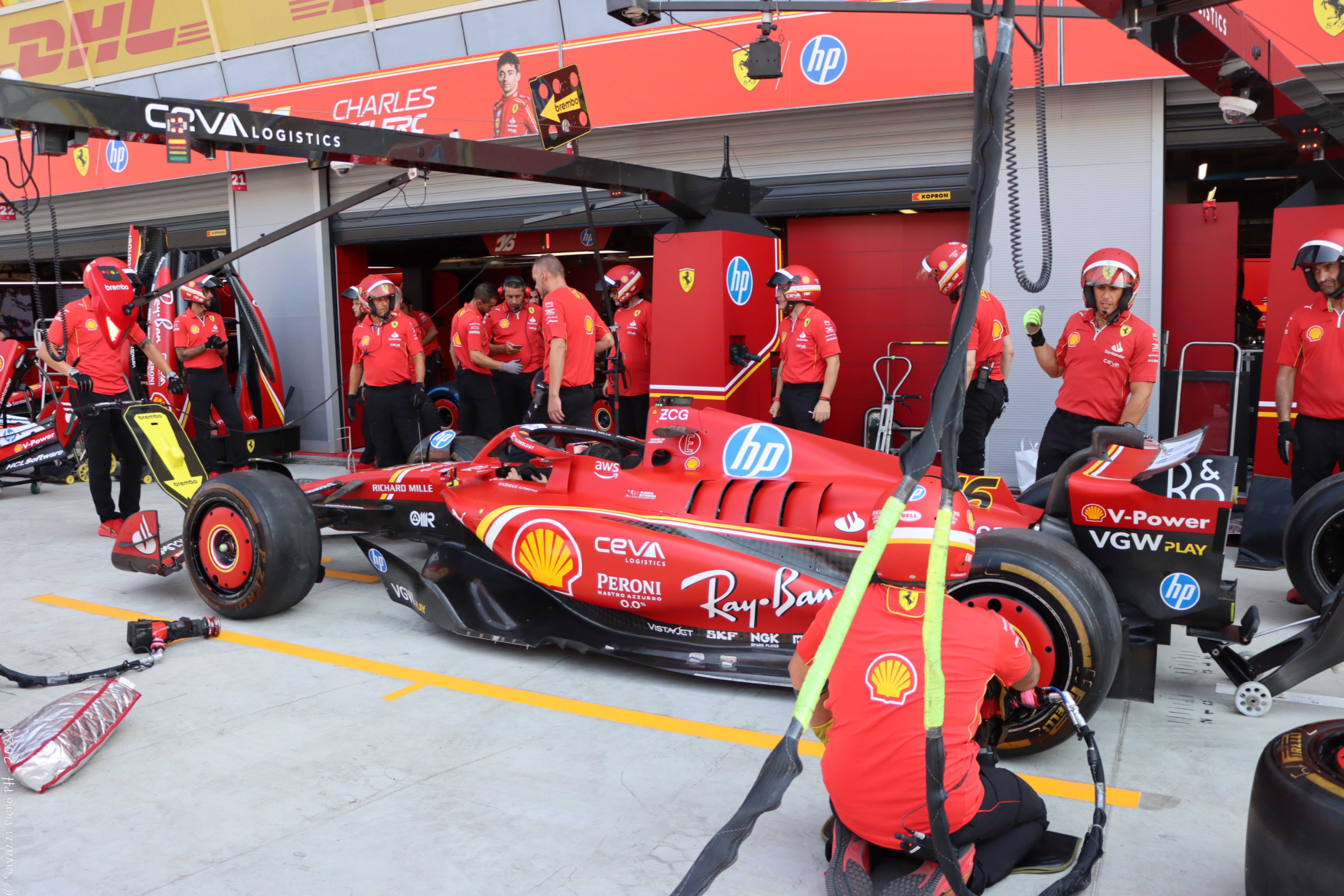 Charles Leclerc’s Ferrari in the pits. 