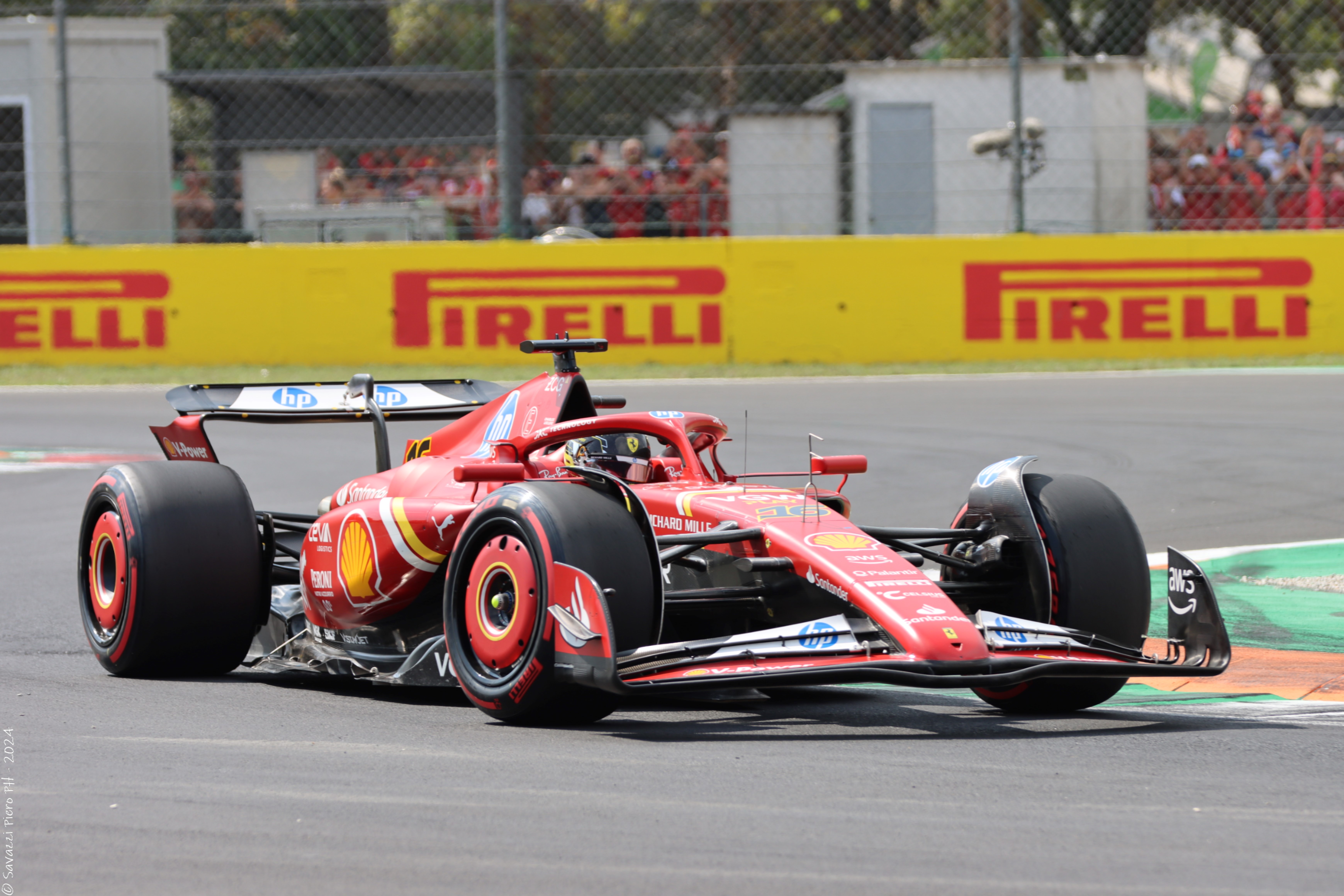 Charles Leclerc driving his Ferrari at the 2024 Monza Grand Prix. 