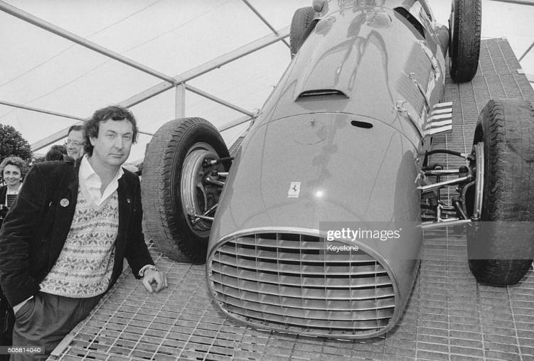 Nick Mason with his Ferrari 166 Corsa car at the Cartier's Homage to Ferrari exhibition at the Cartier Foundation of Contemporary Arts in Paris, May 22nd 1987.