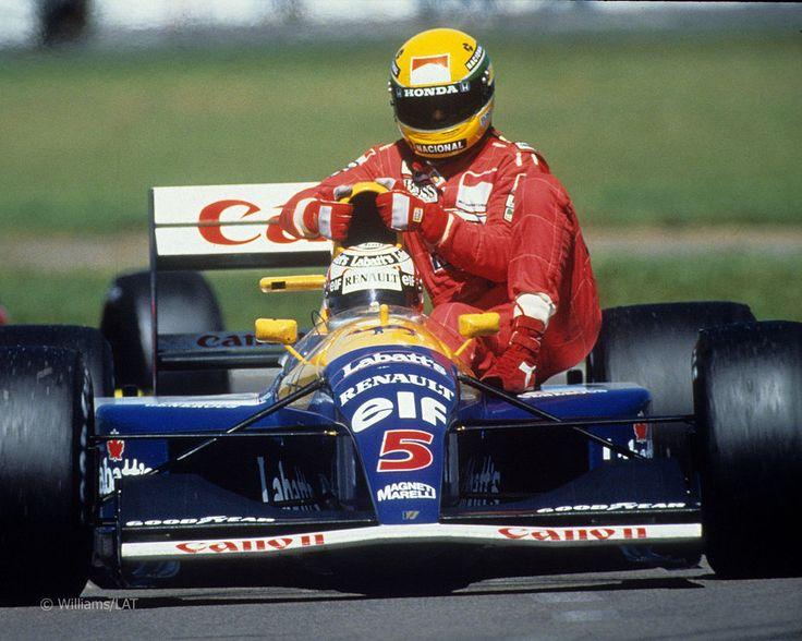 Nigel Mansell giving a ride to a stranded Ayrton Senna on July 14, 1991.