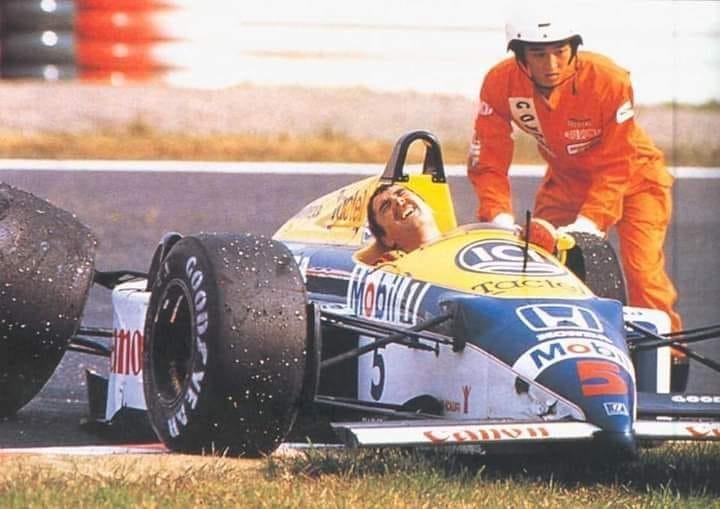 The accident of Nigel Mansell at Suzuka.