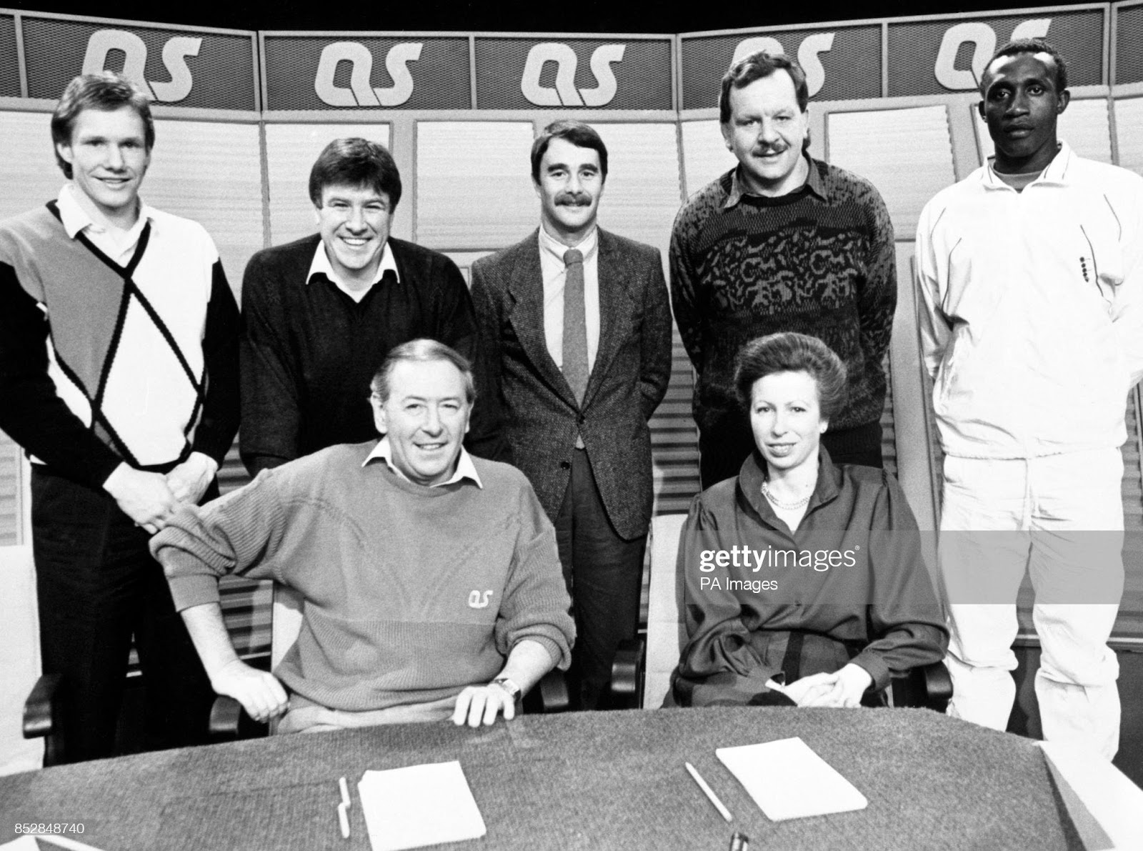 Princess Anne sits with presenter David Coleman at the recording of the 200th episode of A Question of Sport in Manchester on January 02, 1987. Her fellow participants were (l-r) John Rutherford, Emlyn Hughes, Nigel Mansell, Bill Beaumont and Linford Christie.