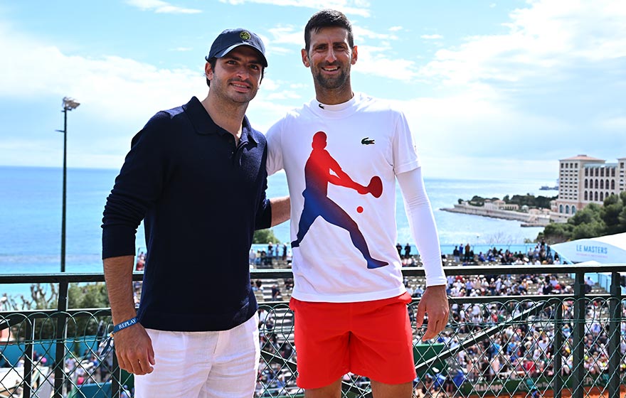 Novak Djokovic with Carlos Sainz, Ferrari, at Monte Carlo in 2024.