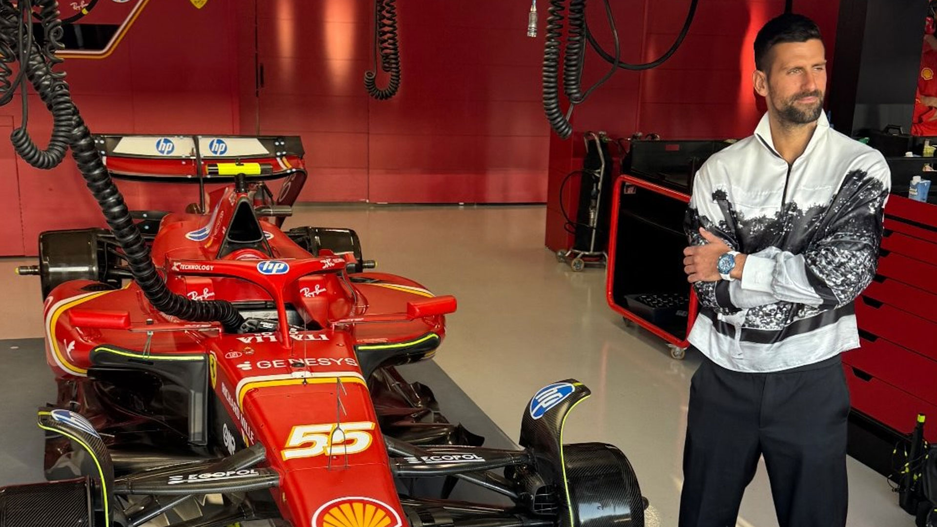 Novak Djokovic in the Ferrari garage at the 2024 Qatar Grand Prix.