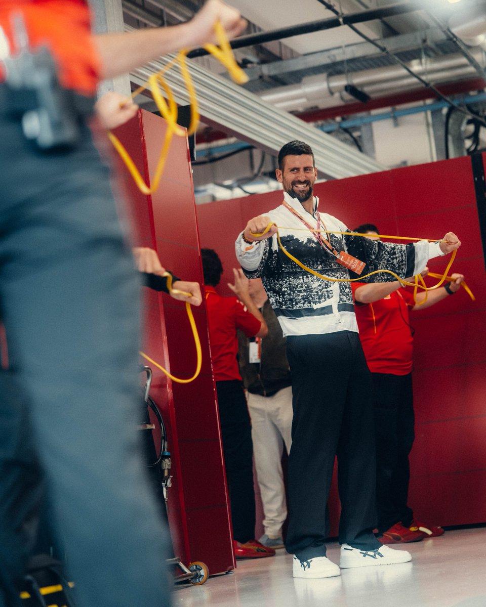 Novak Djokovic ‘training’ in the Ferrari garage at the 2024 Qatar Grand Prix.