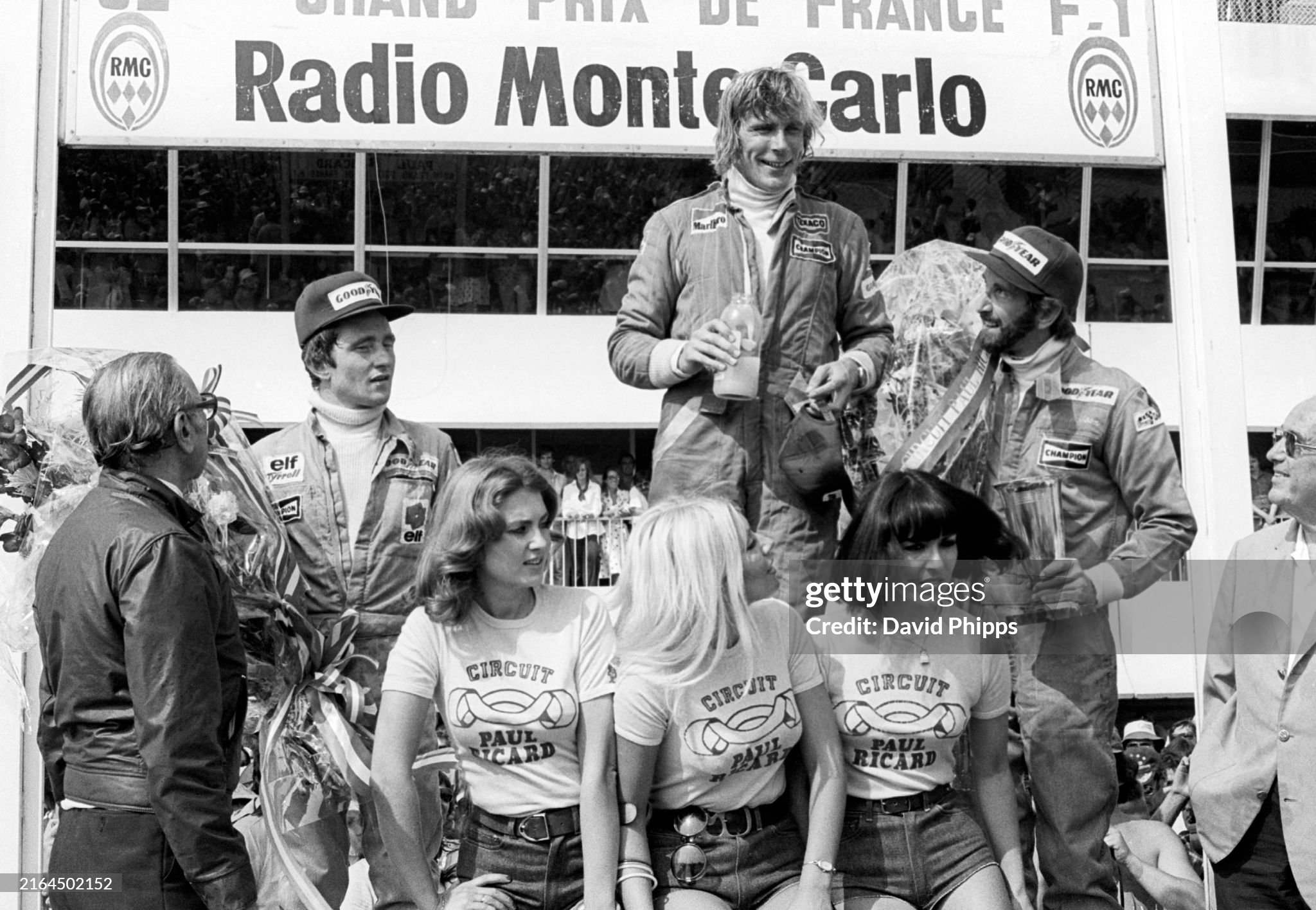 Patrick Depailler (Tyrrell) second, race winner James Hunt (McLaren), John Watson (Penske) third, in the French Grand Prix at Paul Ricard, France, on 04 July 1976. 