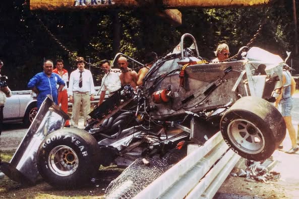 The crash of Patrick Depailler at Hockenheim in 1980.