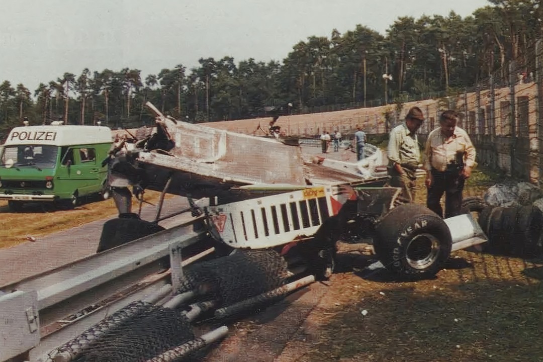 The crash of Patrick Depailler at Hockenheim in 1980.