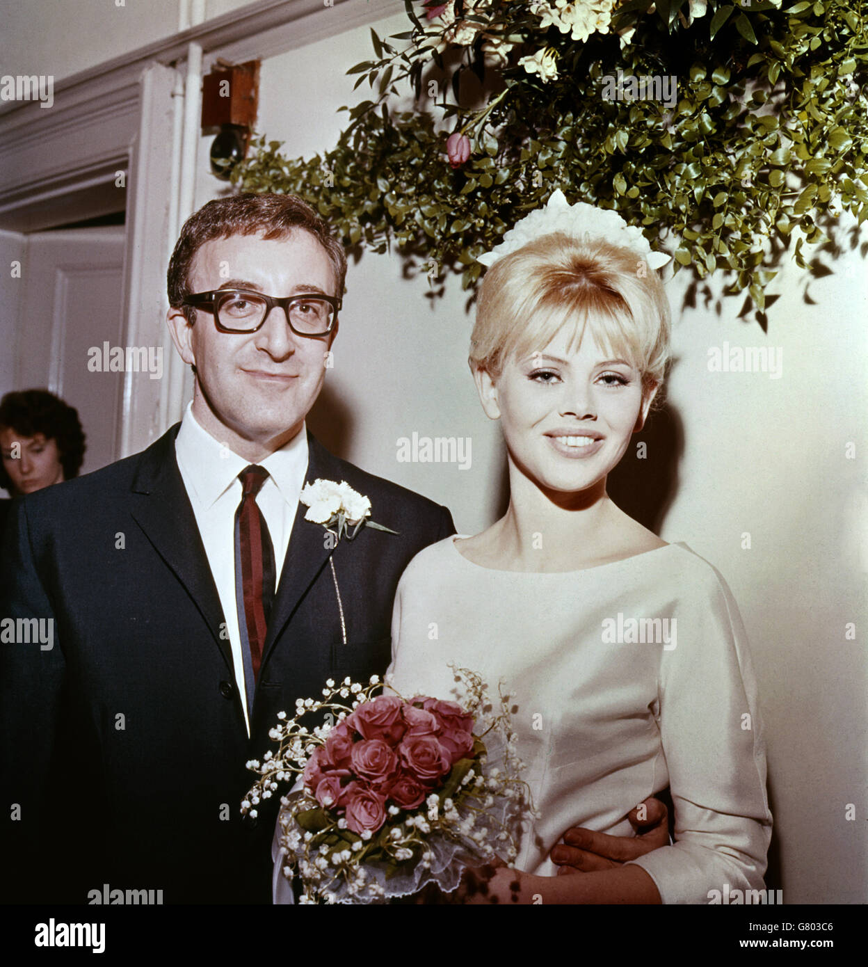 Peter Sellers and Swedish actress Britt Ekland pictured after their wedding at Guildford Registry Office, Surrey, on 19 February 1964.