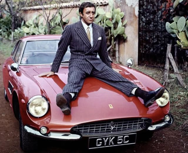 Peter Sellers on his red 1965 Ferrari 500 Superfast, one of just 36 built.