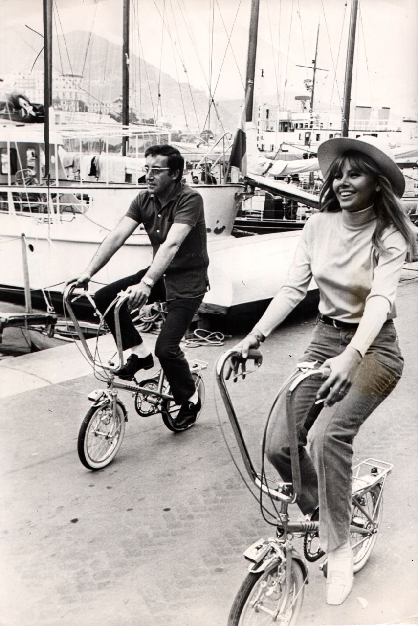 Peter Sellers and his wife Britt Ekland riding matching Stella folding bikes (made in France) along the marina at Monte Carlo in 1967.