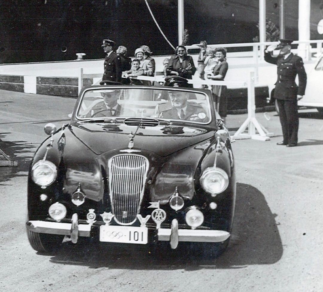 Philip aboard the 1950s Aston Martin Lagonda leaving-Brittania in 1954.