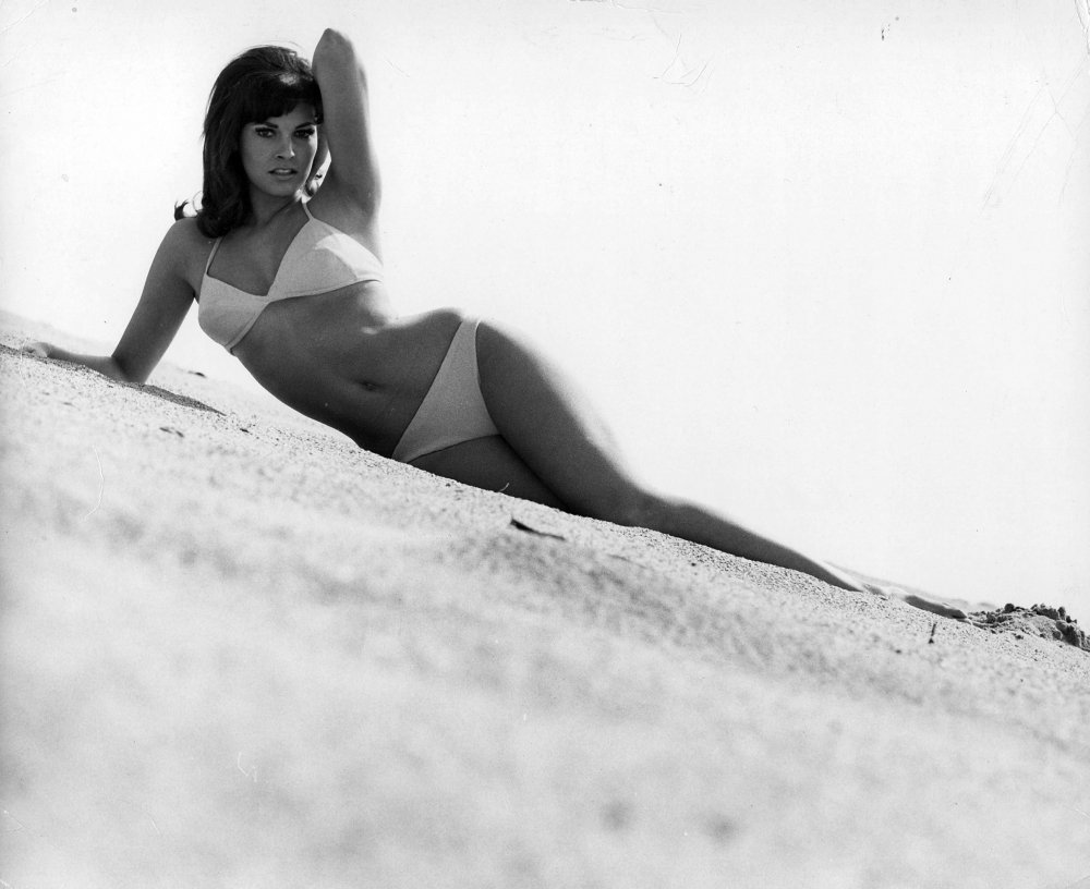 Raquel Welch lying on the beach in a bikini.