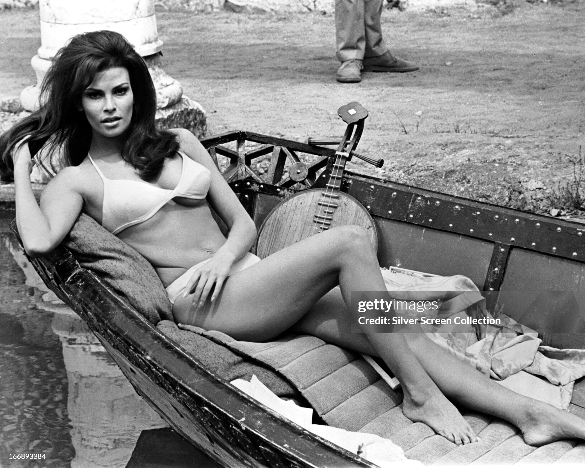 American actress Raquel Welch wearing a bikini on the set of 'The biggest bundle of them all', directed by Ken Annakin, in 1968. 