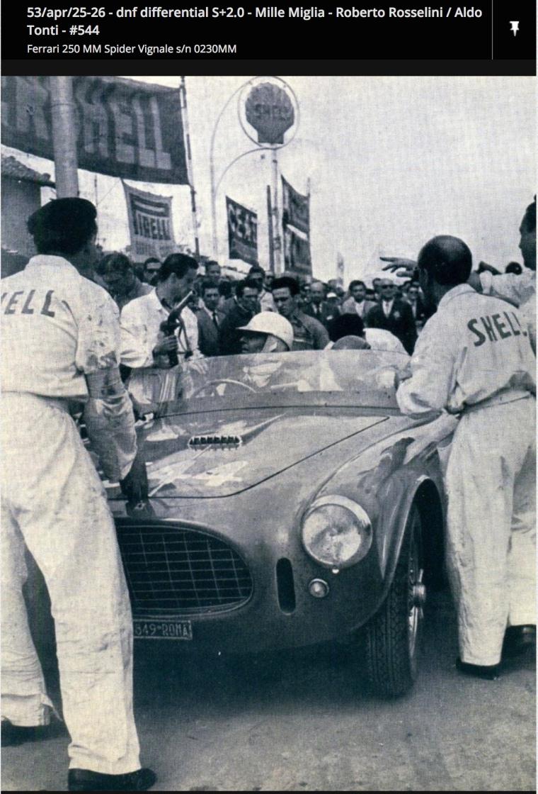 Rossellini and Tonti’s Ferrari 250 MM Vignale, 1953 Mille Miglia.