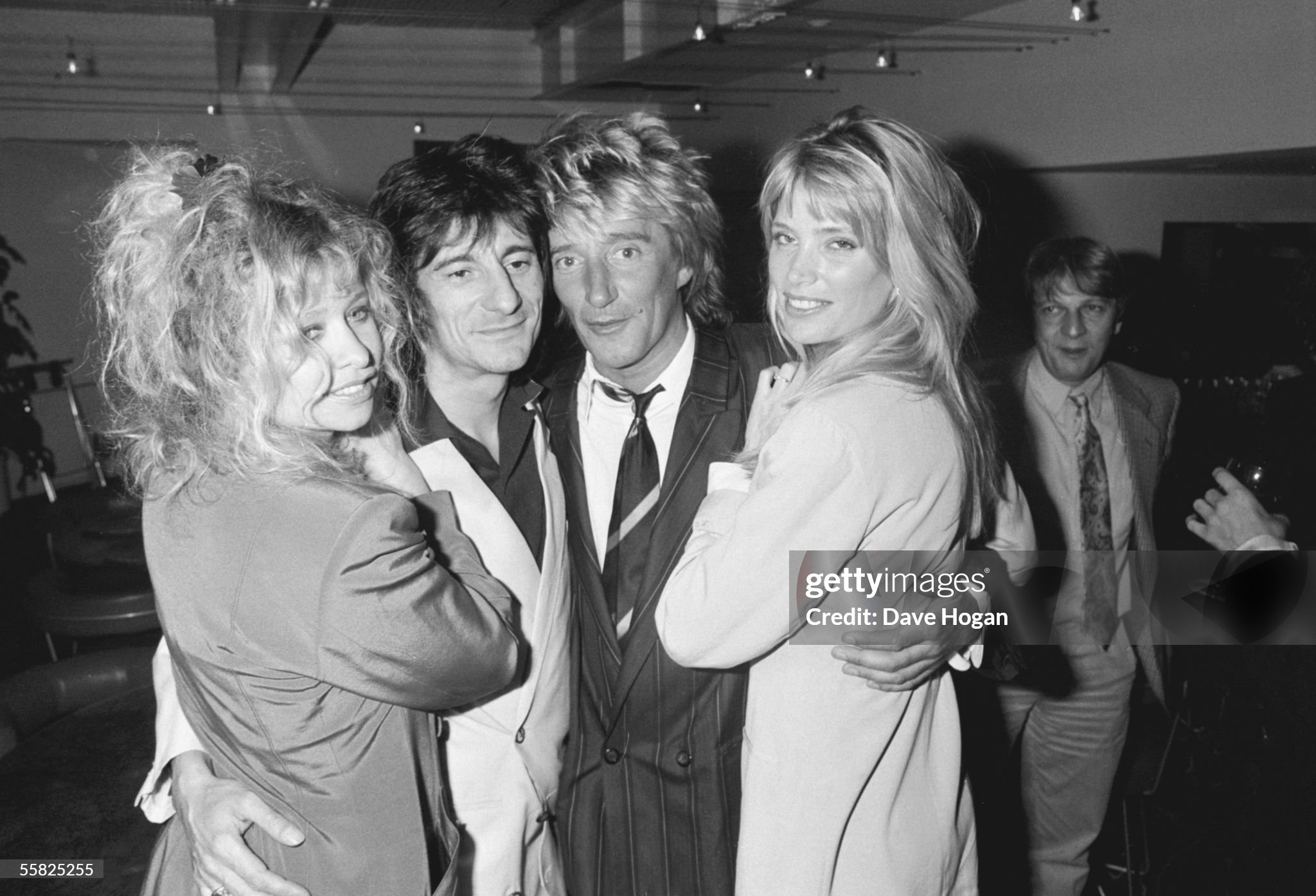 Rolling Stones guitarist Ron Wood and his wife Jo (left) with Singer Rod Stewart and girlfriend Kelly Emberg at Wood's birthday party in June 1988.