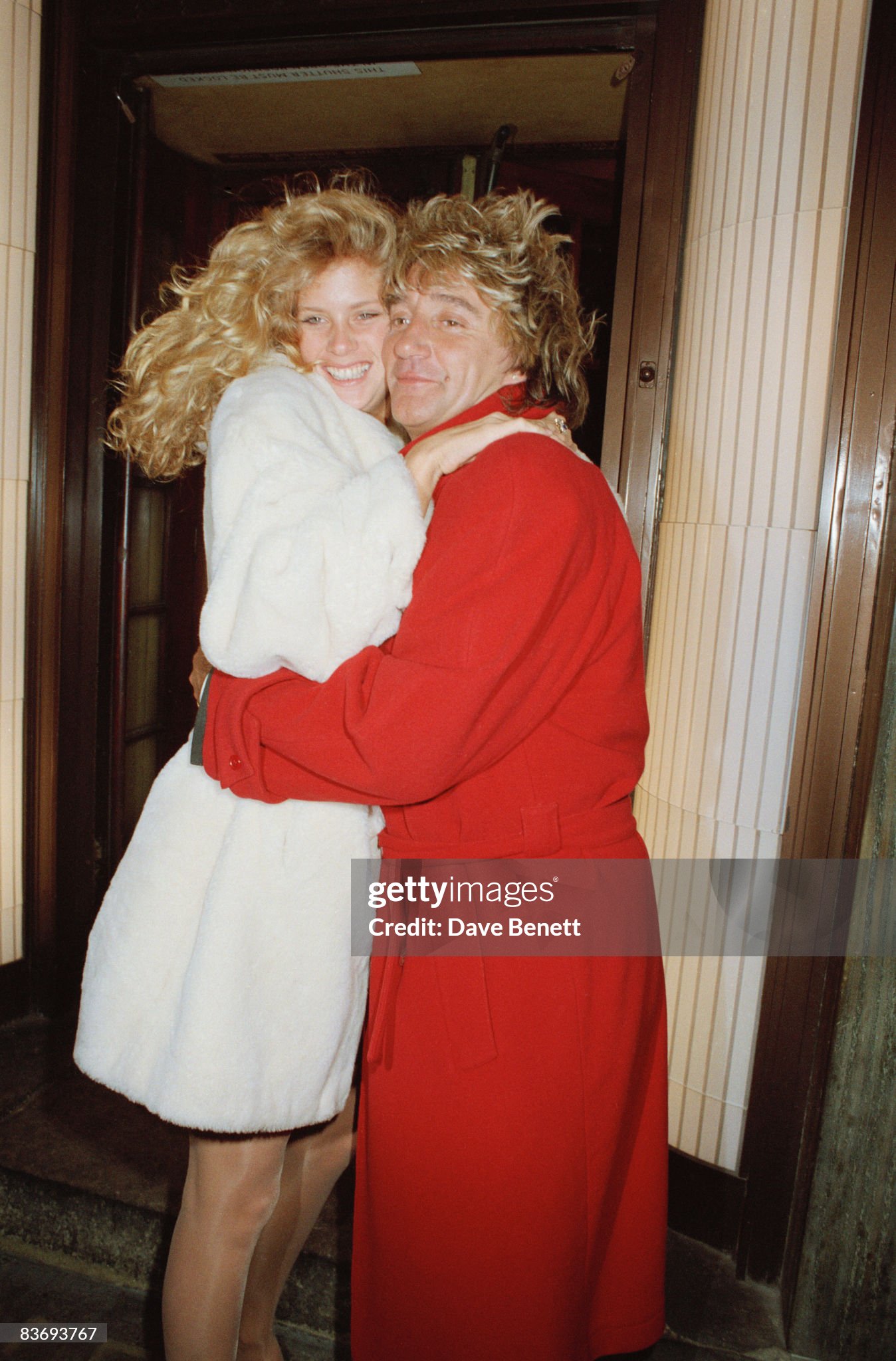 Rod Stewart with model Rachel Hunter outside Langan's Brasserie in London, England. 