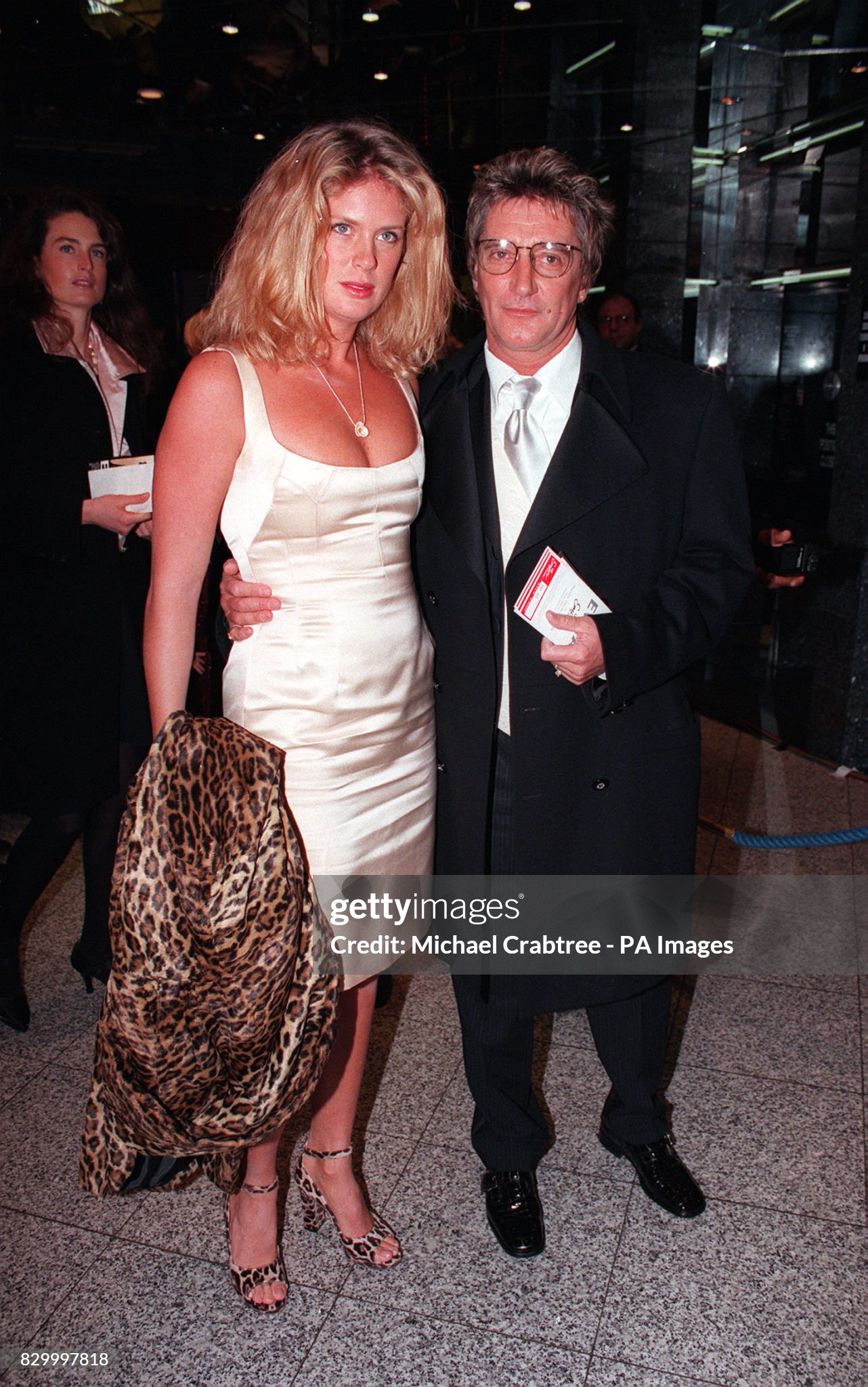 Rod Stewart and his wife Rachel Hunter at the premiere of Evita in London on 19 December 1996. 
