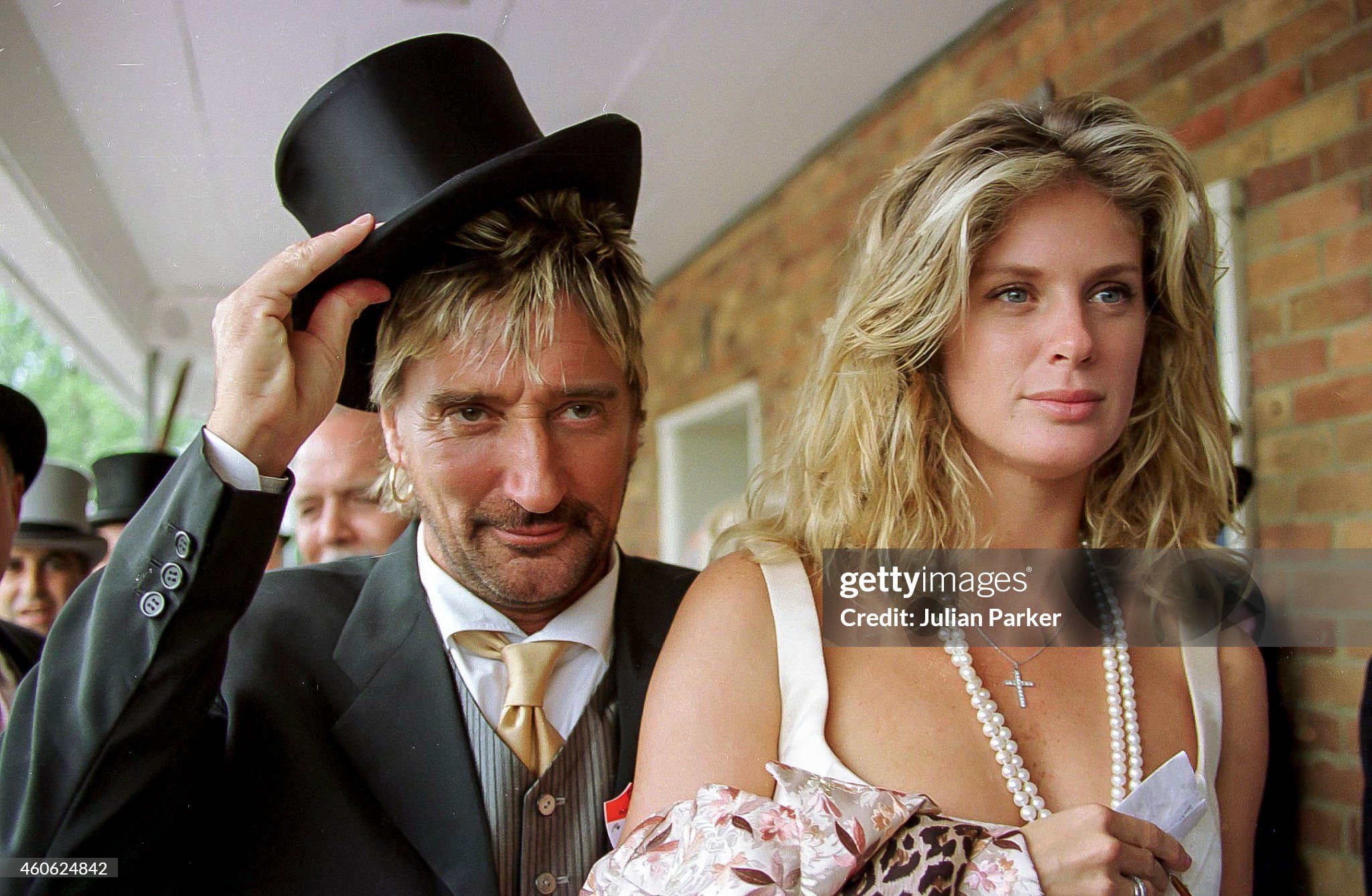 Rod Stewart and wife Rachel Hunter attend The Royal Ascot race meeting on 18 June 1997 in Ascot, United Kingdom. 