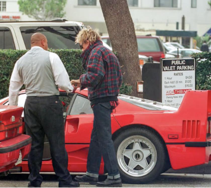 Rod Stewart is seen on 05 February 1999 in Los Angeles with his red Ferrari F40.