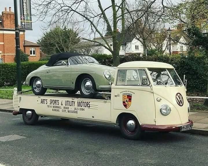 VW Bus T1 Transporter, produced from 1950 to 1967, carries a Porsche 356.