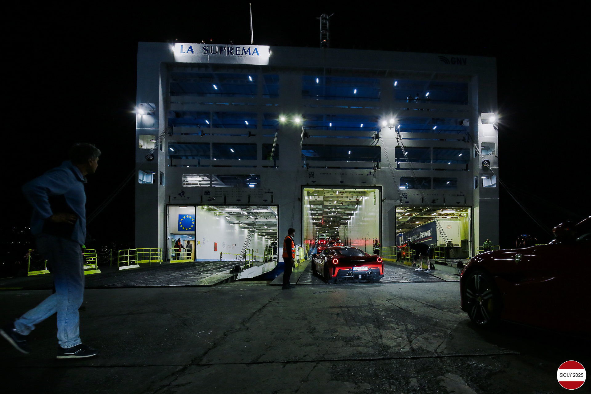 The Ferraris embark in Genoa on the ship 'La Suprema' that will take them to Palermo. 