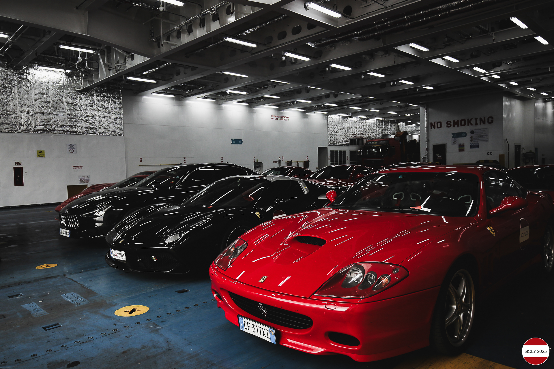 The cars disembark from the ship in Genoa. 