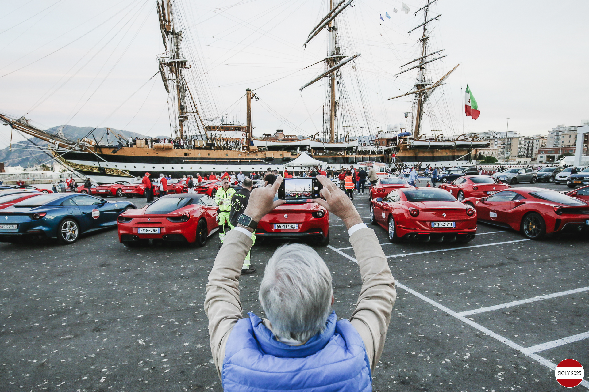 Parking of the Ferraris in front of the Amerigo Vespucci sailing ship immediately after disembarking from the ship in Palermo. 