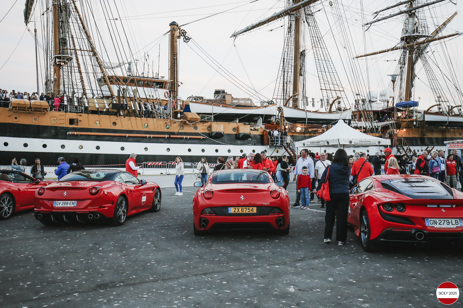 Parking of the Ferraris in front of the Amerigo Vespucci sailing ship immediately after disembarking from the ship in Palermo. 