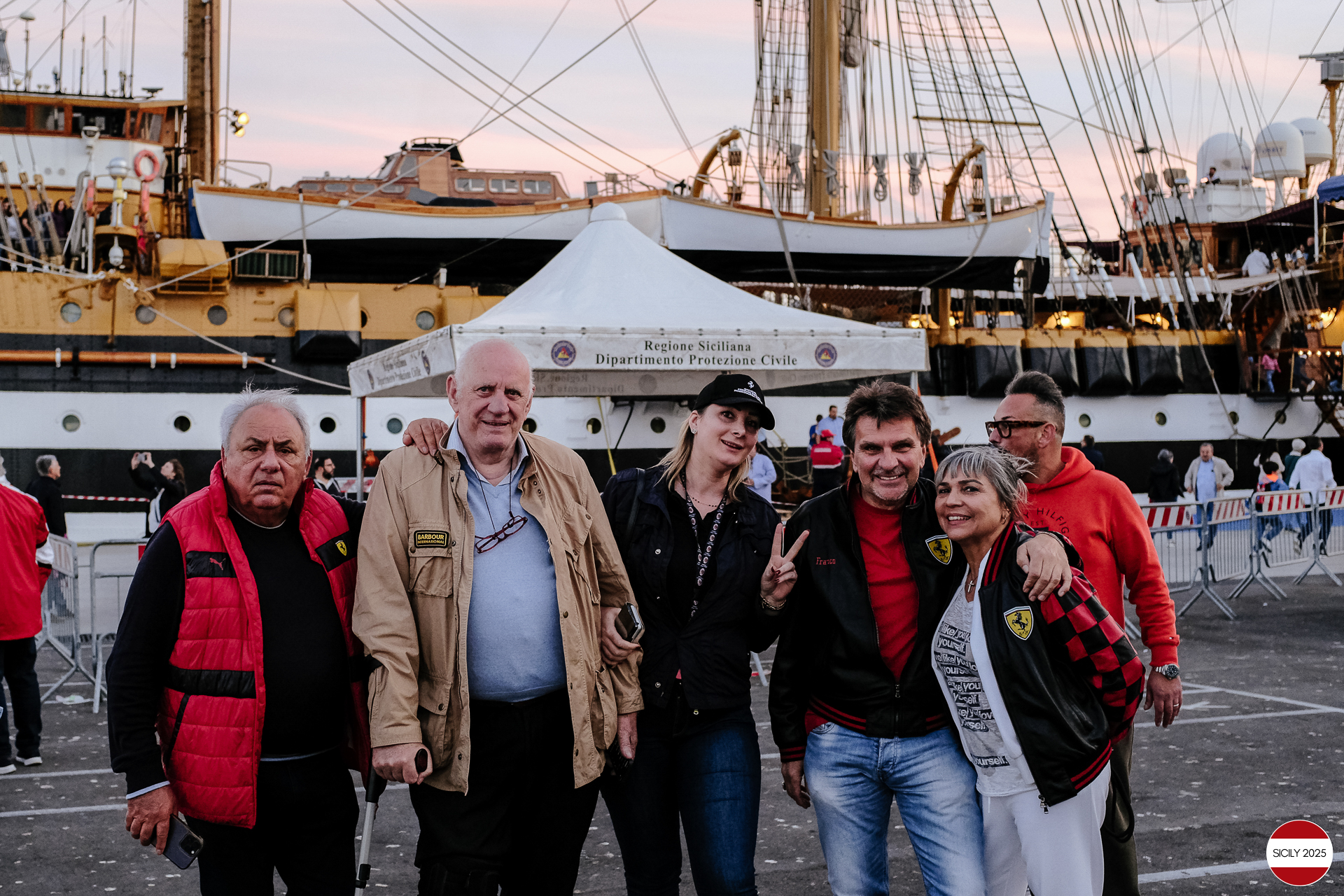 Parking of the Ferraris in front of the Amerigo Vespucci sailing ship immediately after disembarking from the ship in Palermo. 