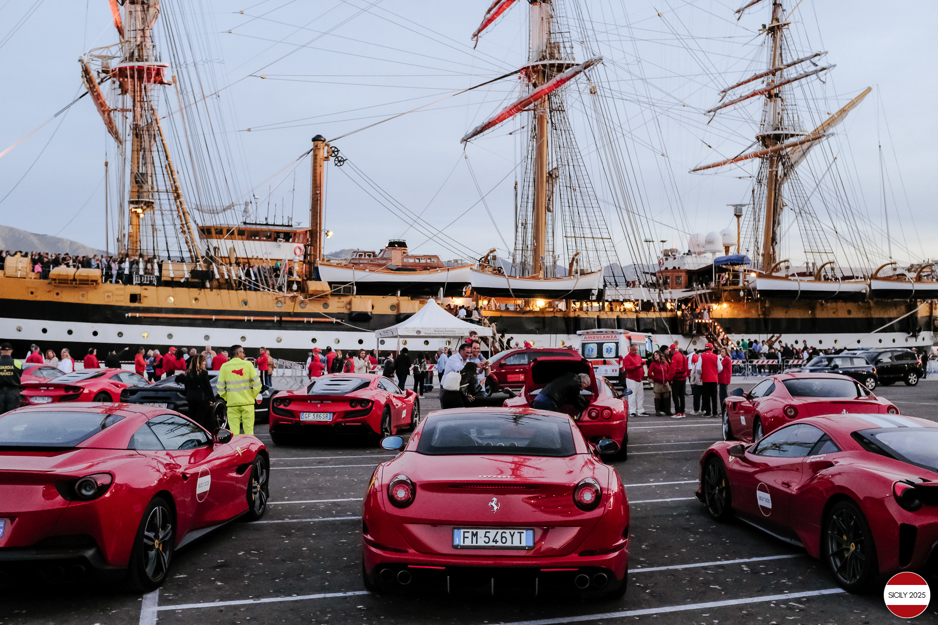 Parking of the Ferraris in front of the Amerigo Vespucci sailing ship immediately after disembarking from the ship in Palermo. 