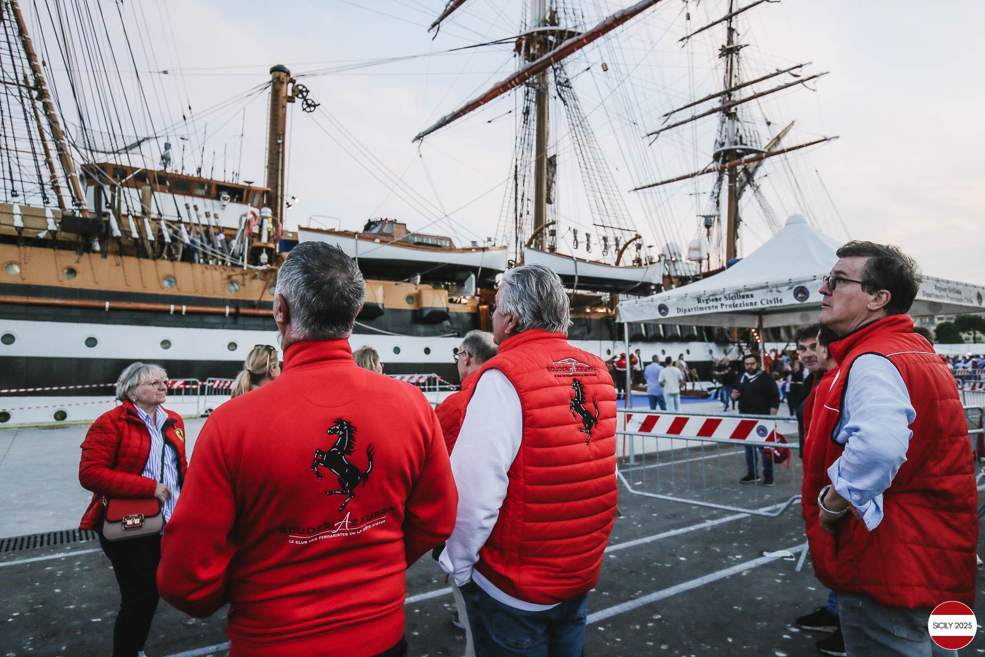 Parking of the Ferraris in front of the Amerigo Vespucci sailing ship immediately after disembarking from the ship in Palermo. 