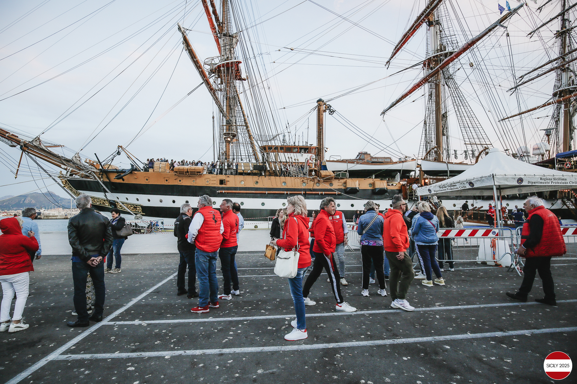 Parking of the Ferraris in front of the Amerigo Vespucci sailing ship immediately after disembarking from the ship in Palermo. 